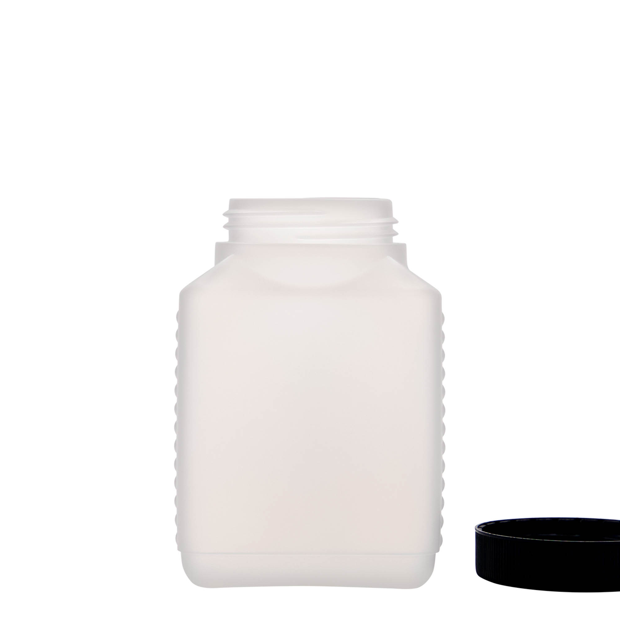 500 ml széles nyakú palack, téglalap alakú, HDPE műanyag, természetes, nyílás: DIN 60 EPE