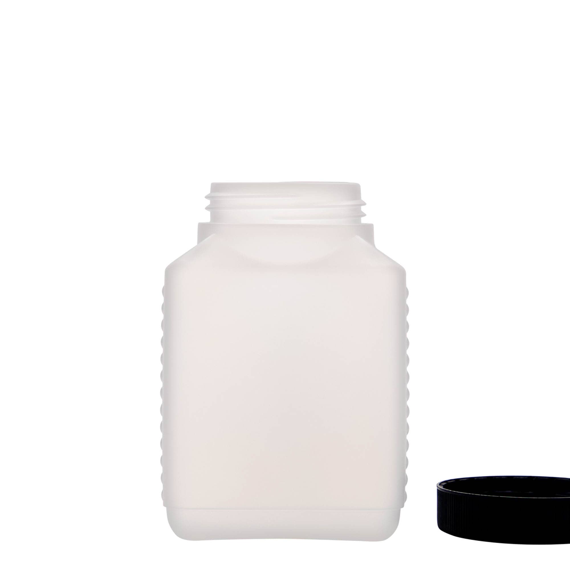500 ml széles nyakú palack, téglalap alakú, HDPE műanyag, természetes, nyílás: DIN 60 EPE