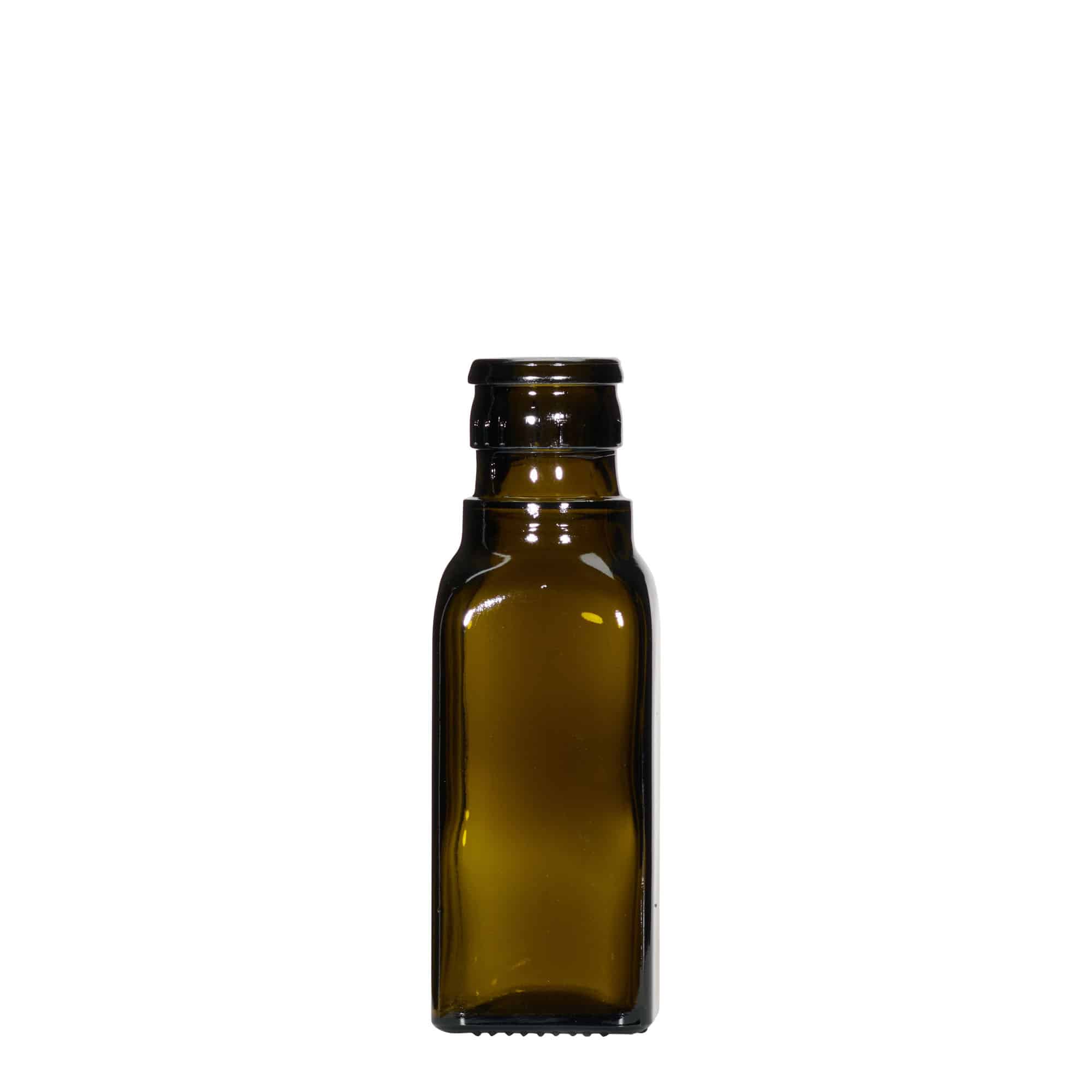 100 ml-es ecetes/olajos palack 'Quadra', üveg, négyzet alakú, antikzöld, szájnyílás: DOP