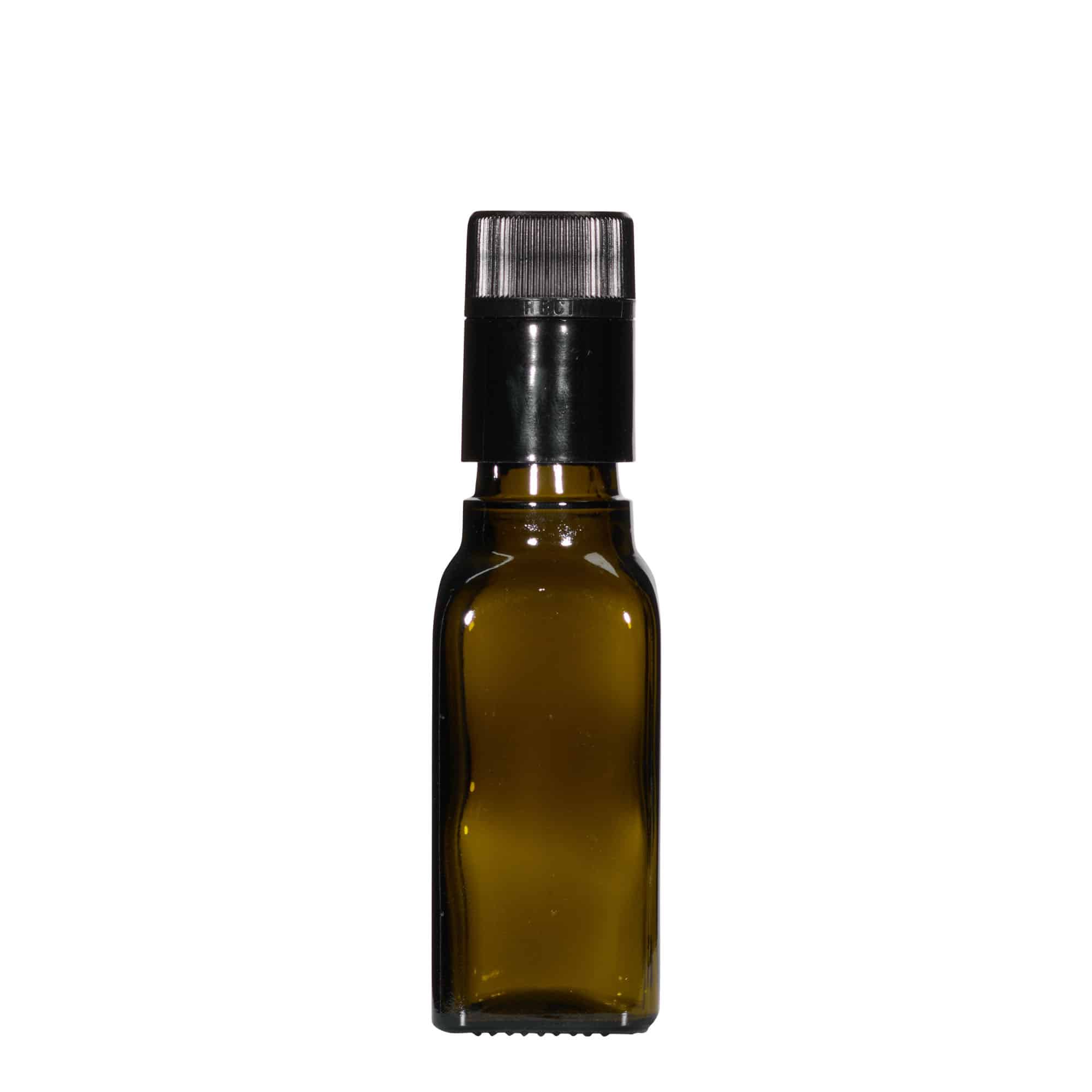100 ml-es ecetes/olajos palack 'Quadra', üveg, négyzet alakú, antikzöld, szájnyílás: DOP