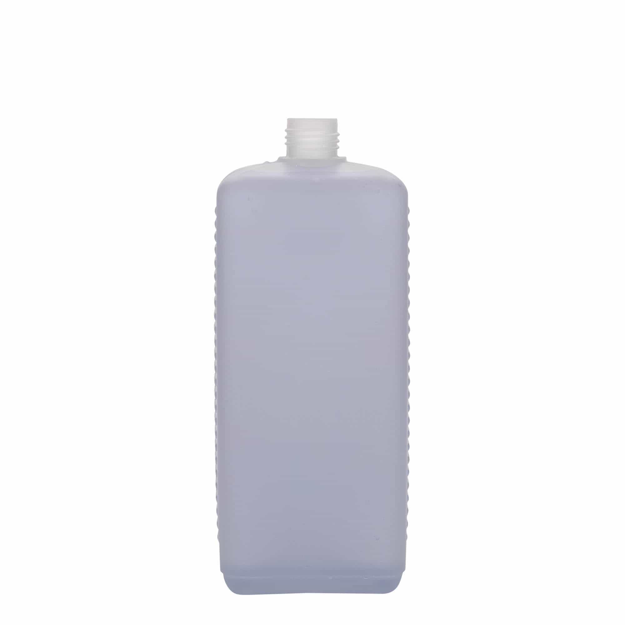 1000 ml-es kaniszterpalack, négyszögletű, HDPE-műanyag, natúr, szájnyílás: DIN 25 EPE
