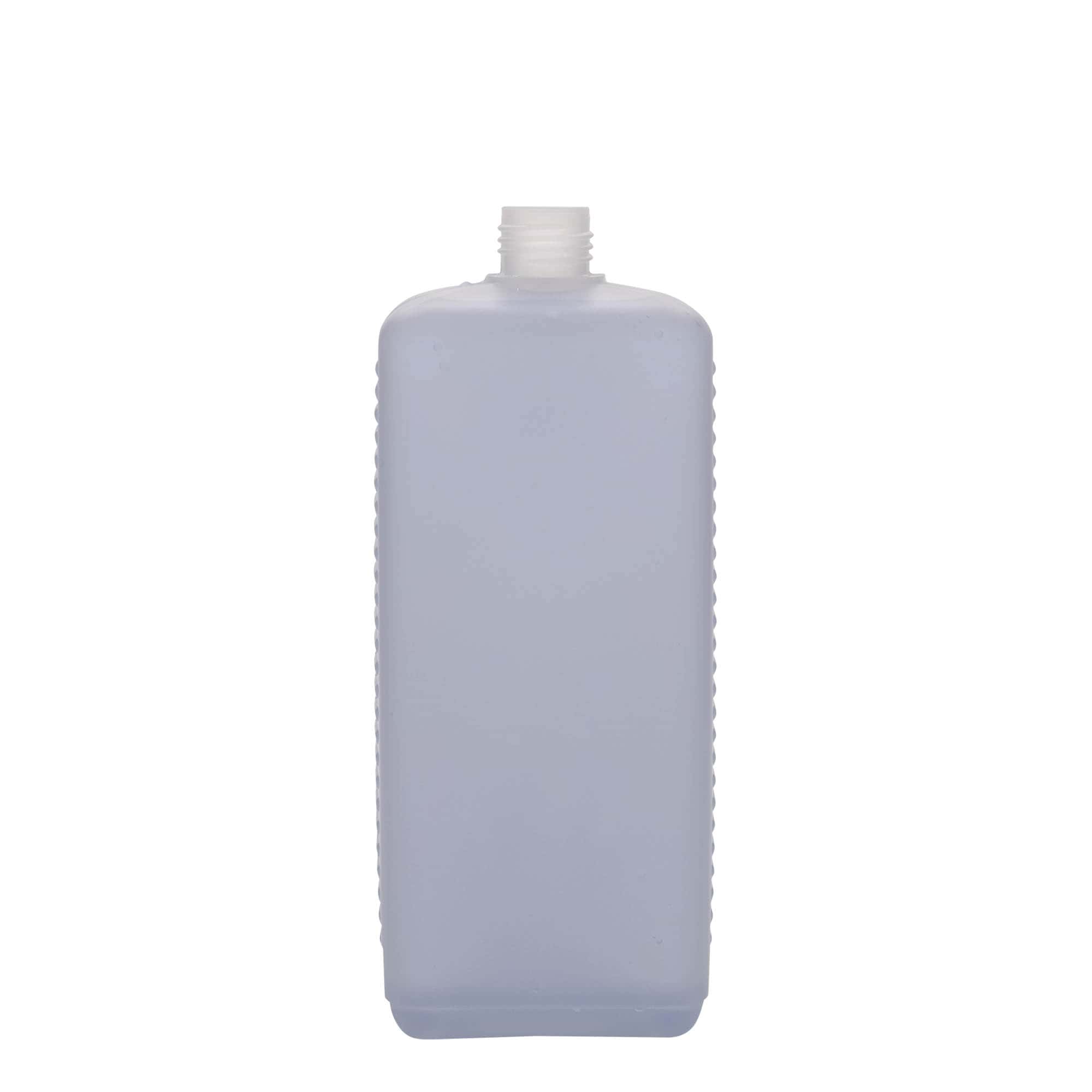 1.000 ml kannás palack, téglalap alakú, HDPE műanyag, természetes, nyílás: DIN 25 EPE