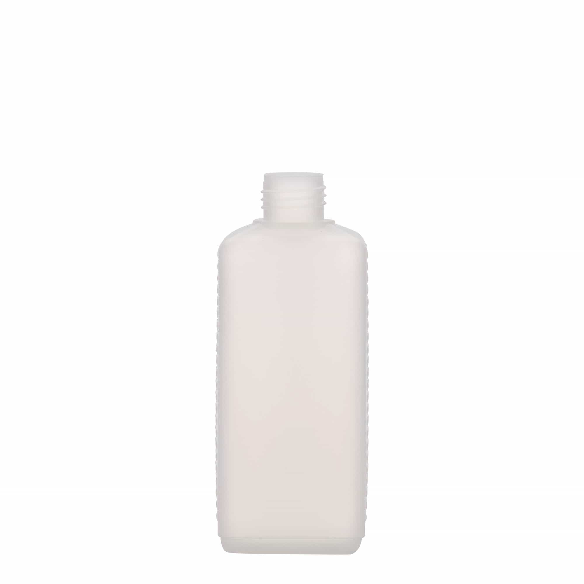 250 ml kanna palack, téglalap alakú, HDPE műanyag, természetes színű, nyílás: DIN 25 EPE
