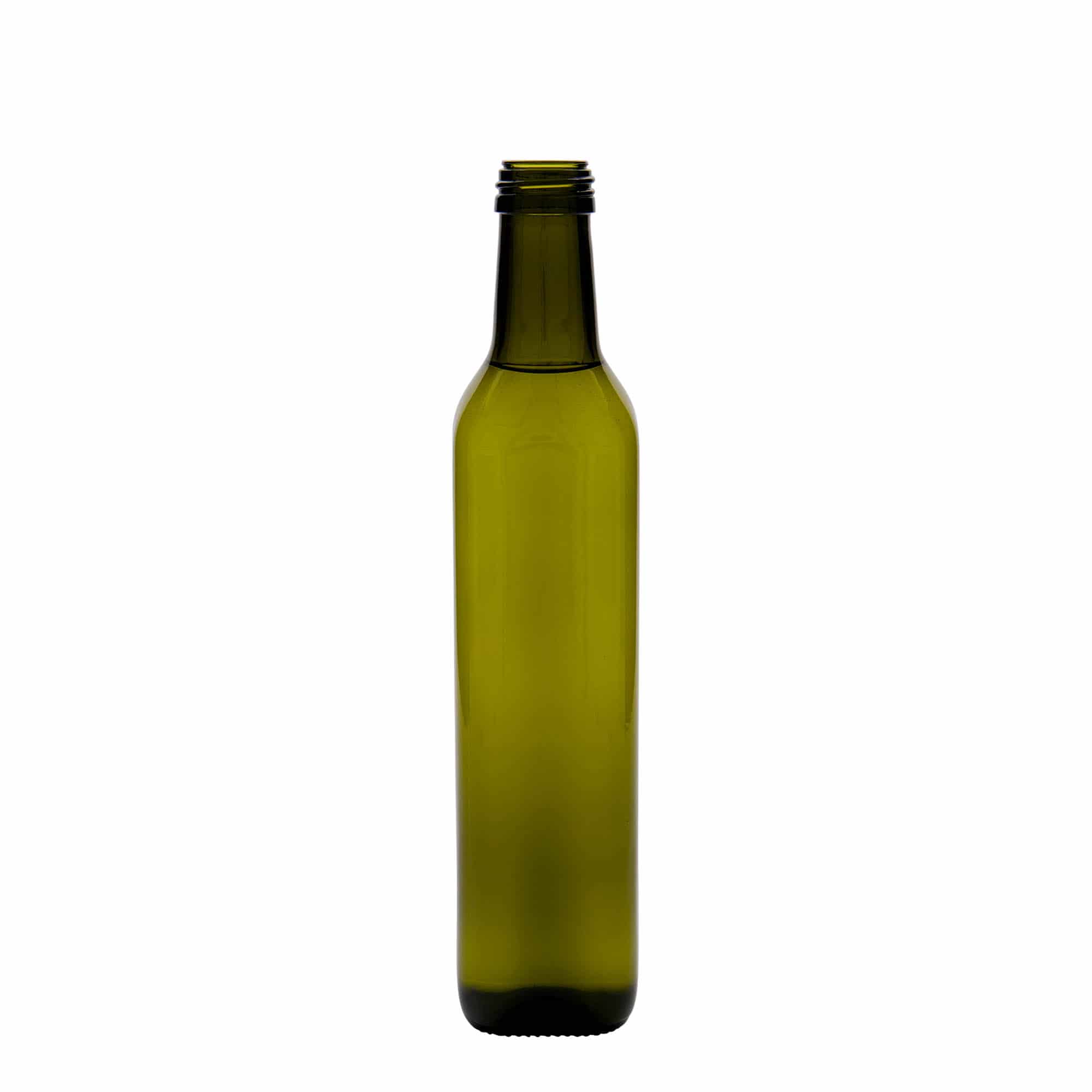 500 ml-es üvegpalack 'Marasca', négyzet alakú, antikzöld, szájnyílás: PP 31,5