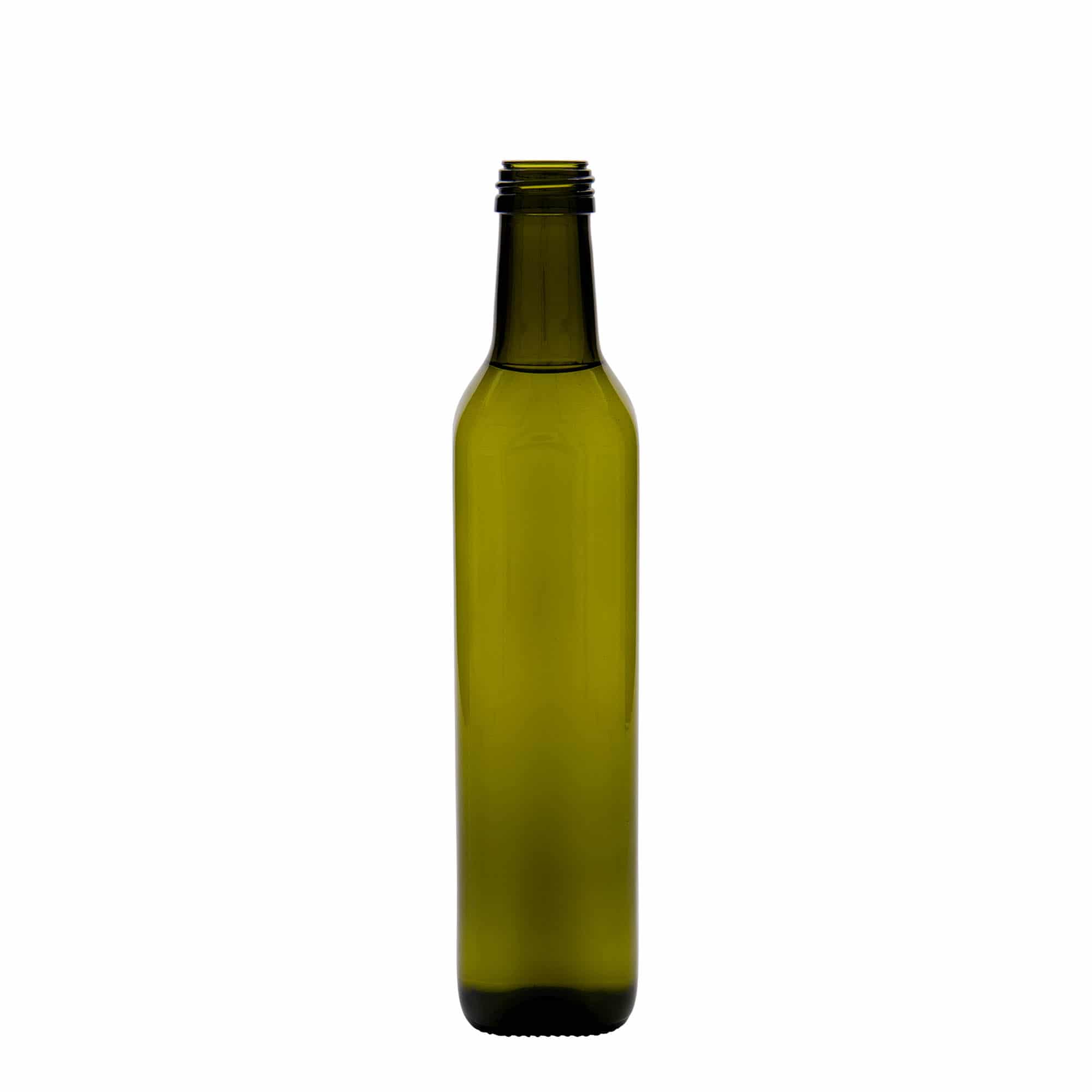 500 ml üvegpalack 'Marasca', négyzet alakú, antikzöld, nyílás: PP 31,5