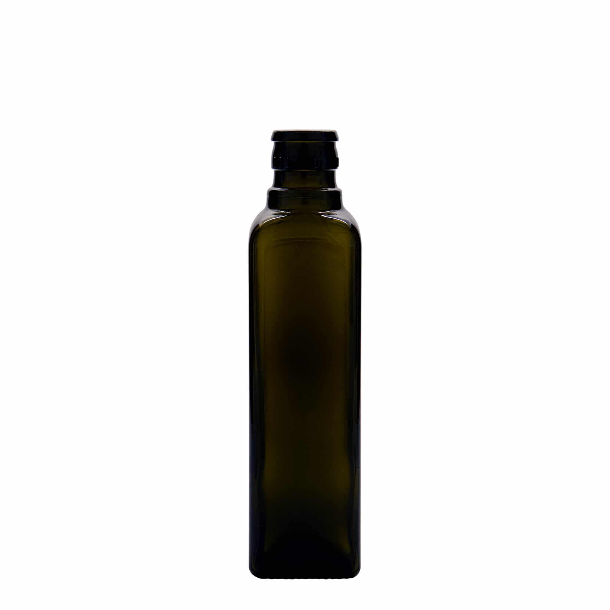 250 ml-es ecetes/olajos palack 'Quadra', üveg, négyzet alakú, antikzöld, szájnyílás: DOP