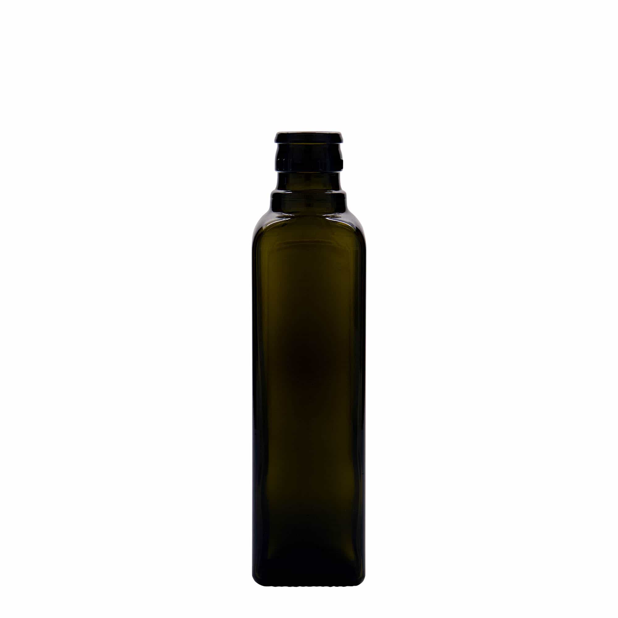 250 ml ecet-/olajüveg 'Quadra', üveg, négyzet alakú, antikzöld, nyílás: DOP