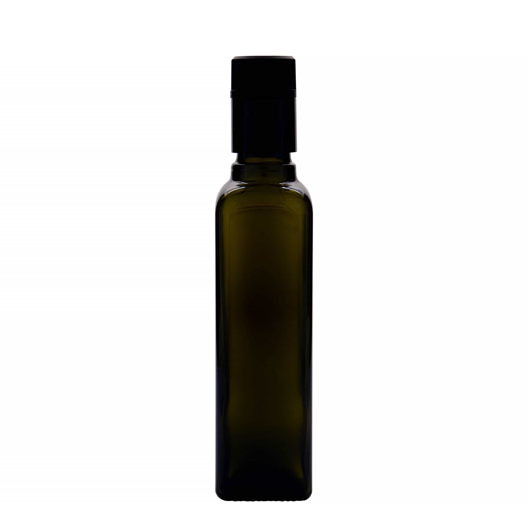 250 ml ecet-/olajüveg 'Quadra', üveg, négyzet alakú, antikzöld, nyílás: DOP