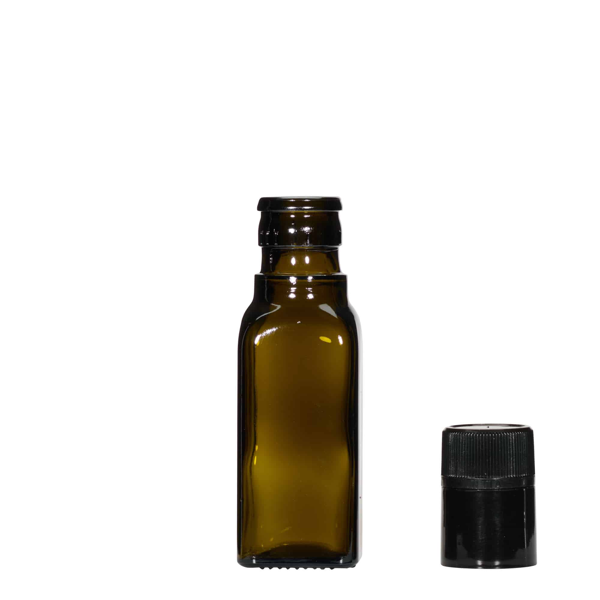 100 ml ecet-/olajflakon 'Quadra', üveg, négyzet alakú, antikzöld, nyílás: DOP