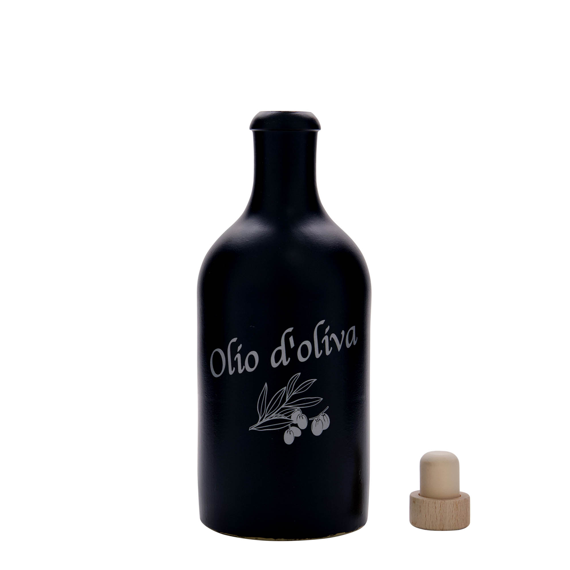 500 ml agyagedény, motívum: Olio d'Oliva, kőedény, fekete, nyílás: parafa 500 ml agyagedény, motívum: Olio d'Oliva, kőedény, fekete, nyílás: parafa