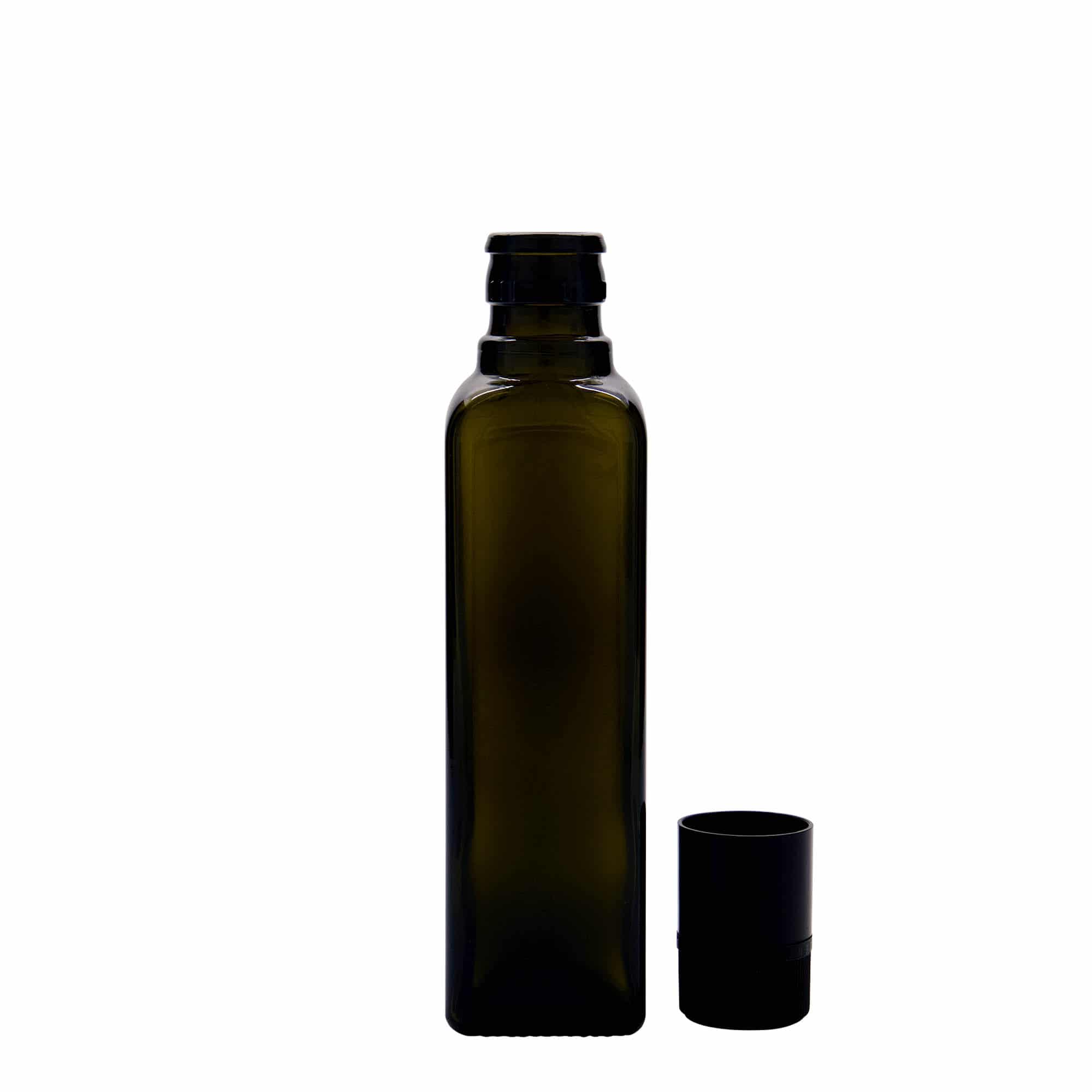 250 ml-es ecetes/olajos palack 'Quadra', üveg, négyzet alakú, antikzöld, szájnyílás: DOP