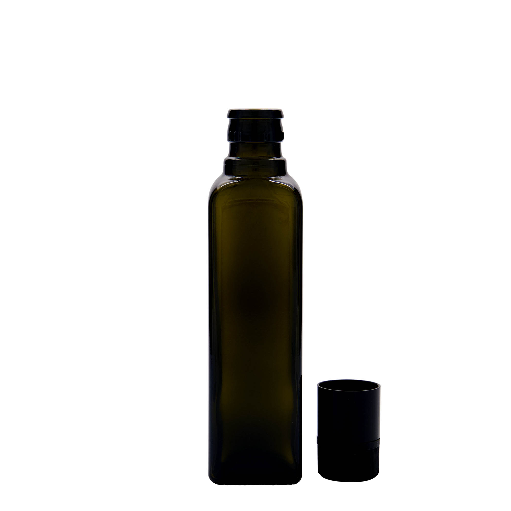 250 ml ecet-/olajüveg 'Quadra', üveg, négyzet alakú, antikzöld, nyílás: DOP