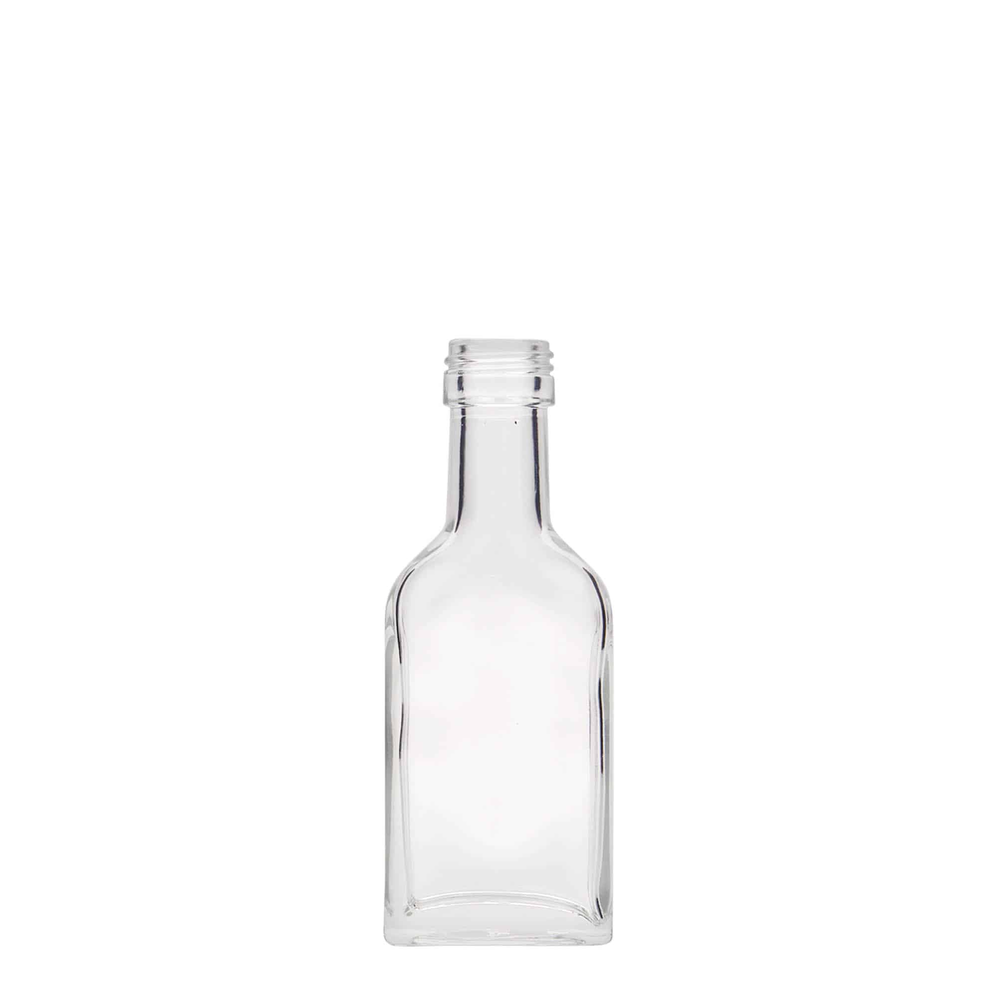 40 ml-es laposüveg hosszú nyakú, négyszögletű, üveg, szájnyílás: PP 22 40 ml-es laposüveg hosszú nyakú, négyszögletű, üveg, szájnyílás: PP 22