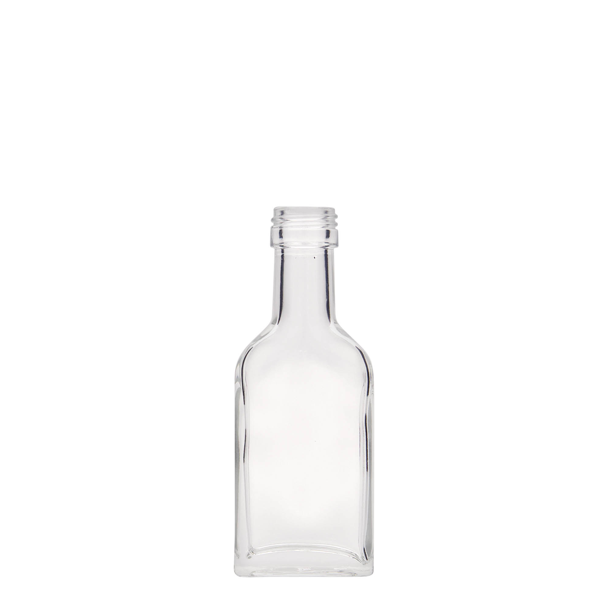 40 ml zsebflakon hosszú nyakkal, téglalap alakú, üveg, nyílás: PP 22
