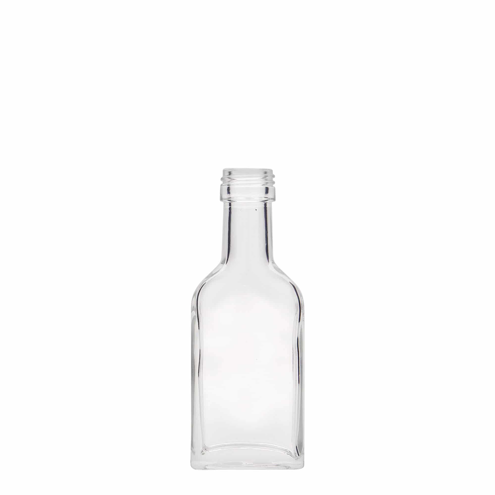 40 ml zsebflakon hosszú nyakkal, téglalap alakú, üveg, nyílás: PP 22