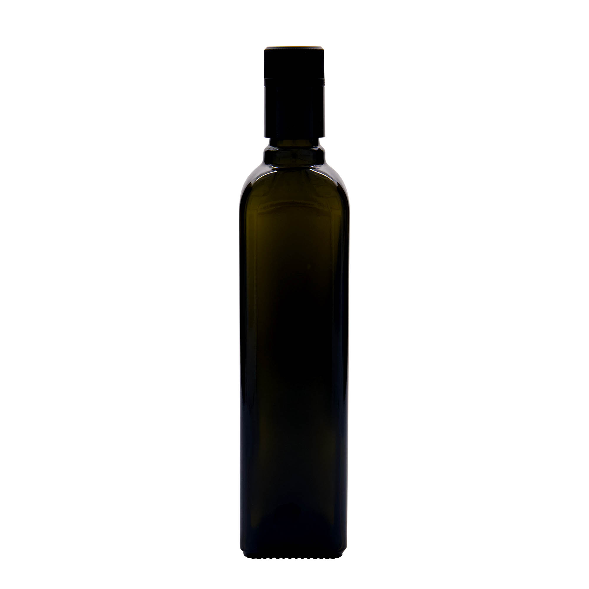 500 ml ecet-/olajüveg 'Quadra', üveg, négyzet alakú, antikzöld, nyílás: DOP
