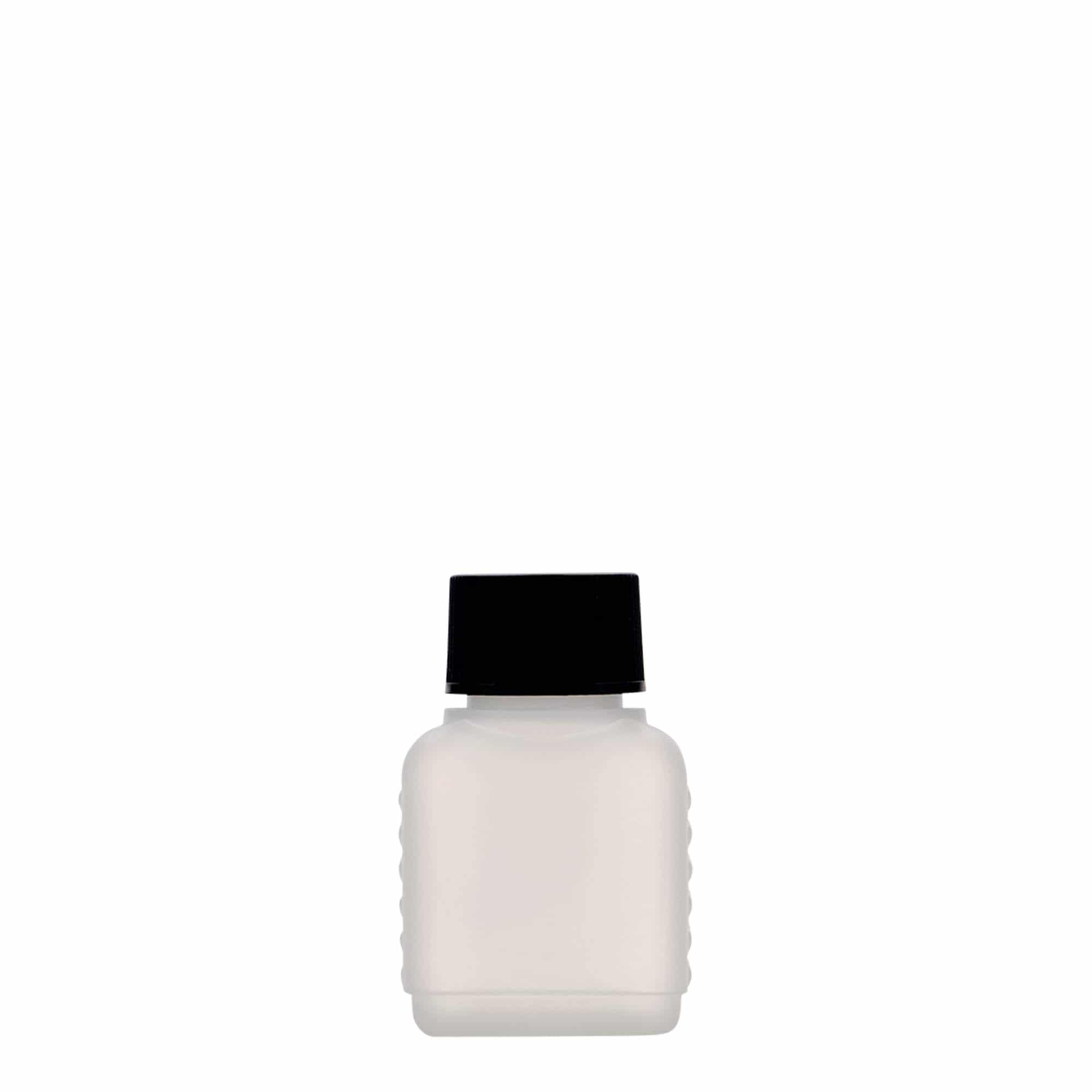 50 ml kannaüveg, téglalap alakú, HDPE műanyag, természetes színű, nyílás: DIN 25