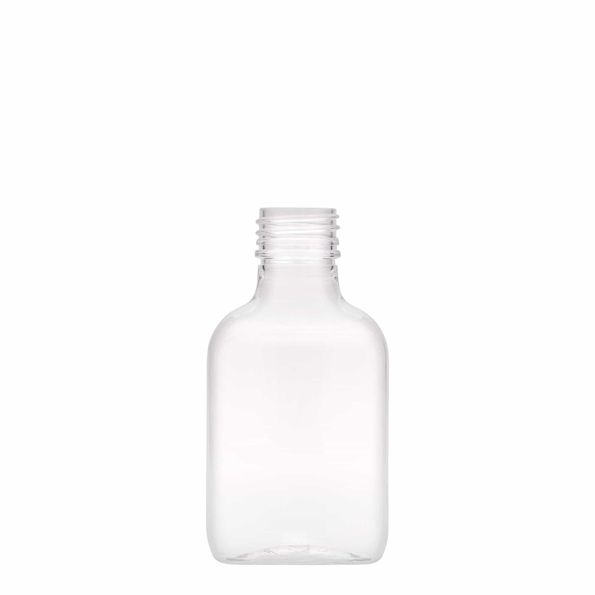 100 ml-es laposüveg, ovális, PET-műanyag, szájnyílás: PP 28 100 ml-es laposüveg, ovális, PET-műanyag, szájnyílás: PP 28
