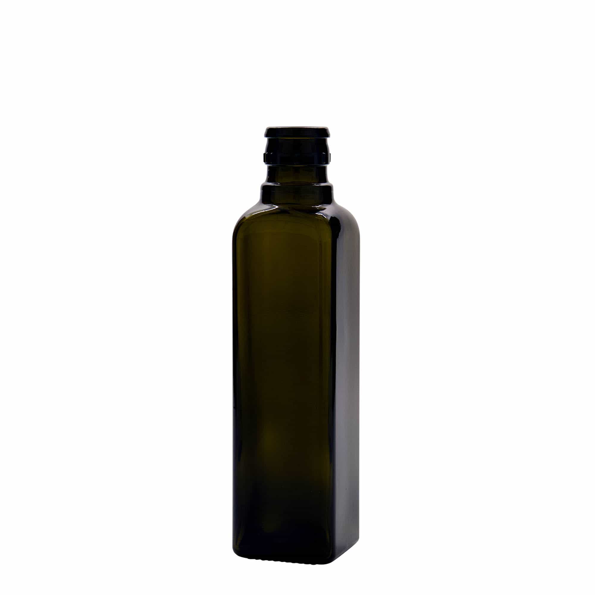 250 ml-es ecetes/olajos palack 'Quadra', üveg, négyzet alakú, antikzöld, szájnyílás: DOP