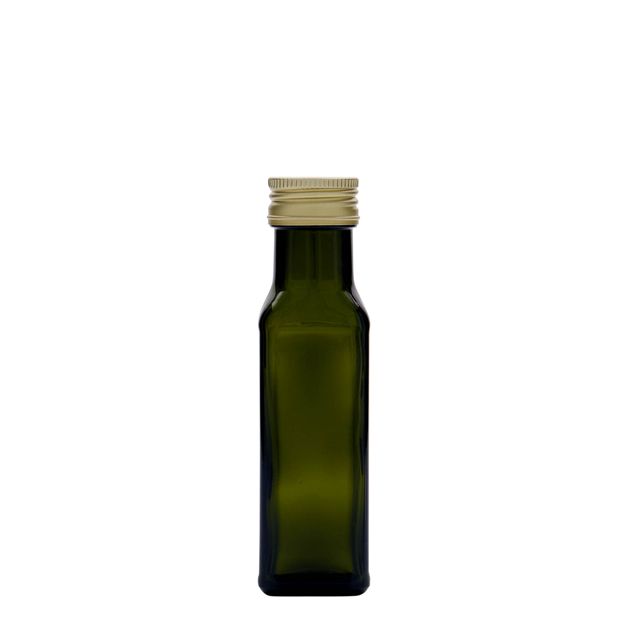 100 ml üvegpalack 'Marasca', négyzet alakú, antikzöld, nyílás: PP 31,5