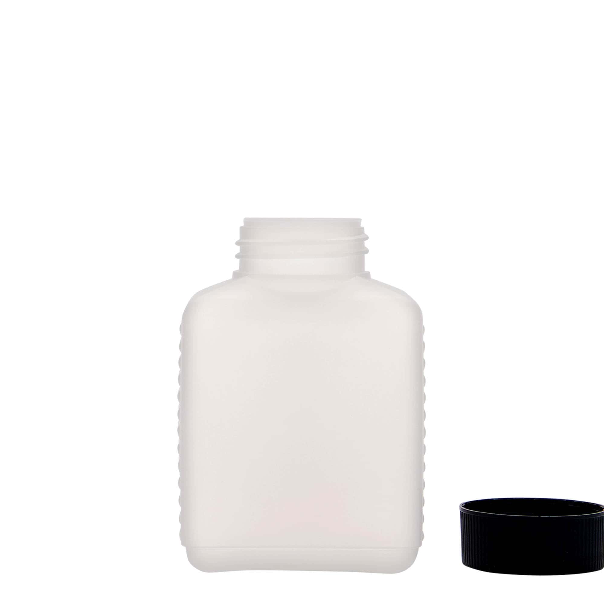 250 ml széles nyakú palack, téglalap alakú, HDPE műanyag, természetes, nyílás: DIN 40 EPE