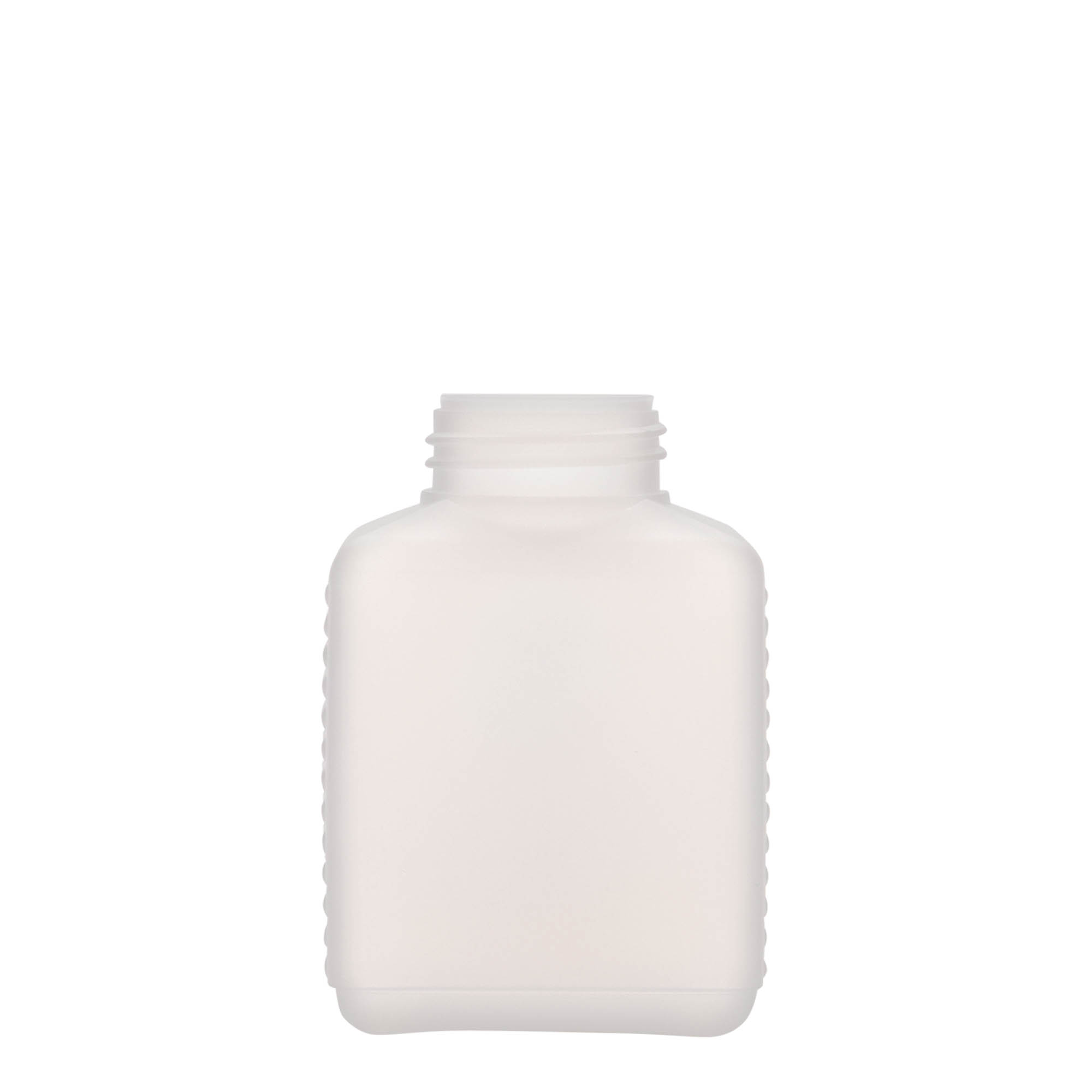 250 ml széles nyakú palack, téglalap alakú, HDPE műanyag, természetes, nyílás: DIN 40 EPE