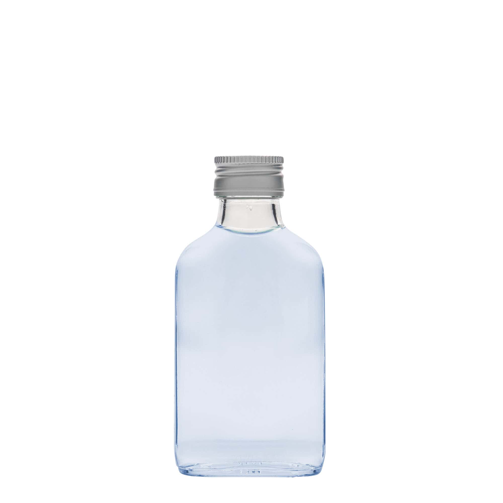 100 ml zsebflakon, téglalap alakú, üveg, nyílás: PP 28