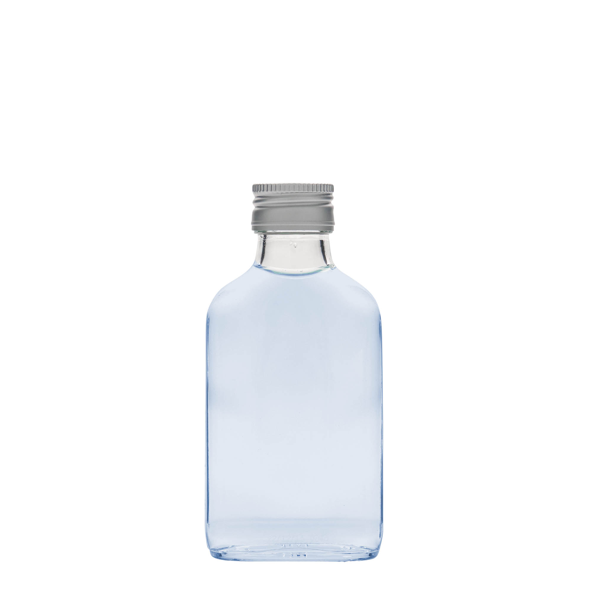 100 ml zsebflakon, téglalap alakú, üveg, nyílás: PP 28