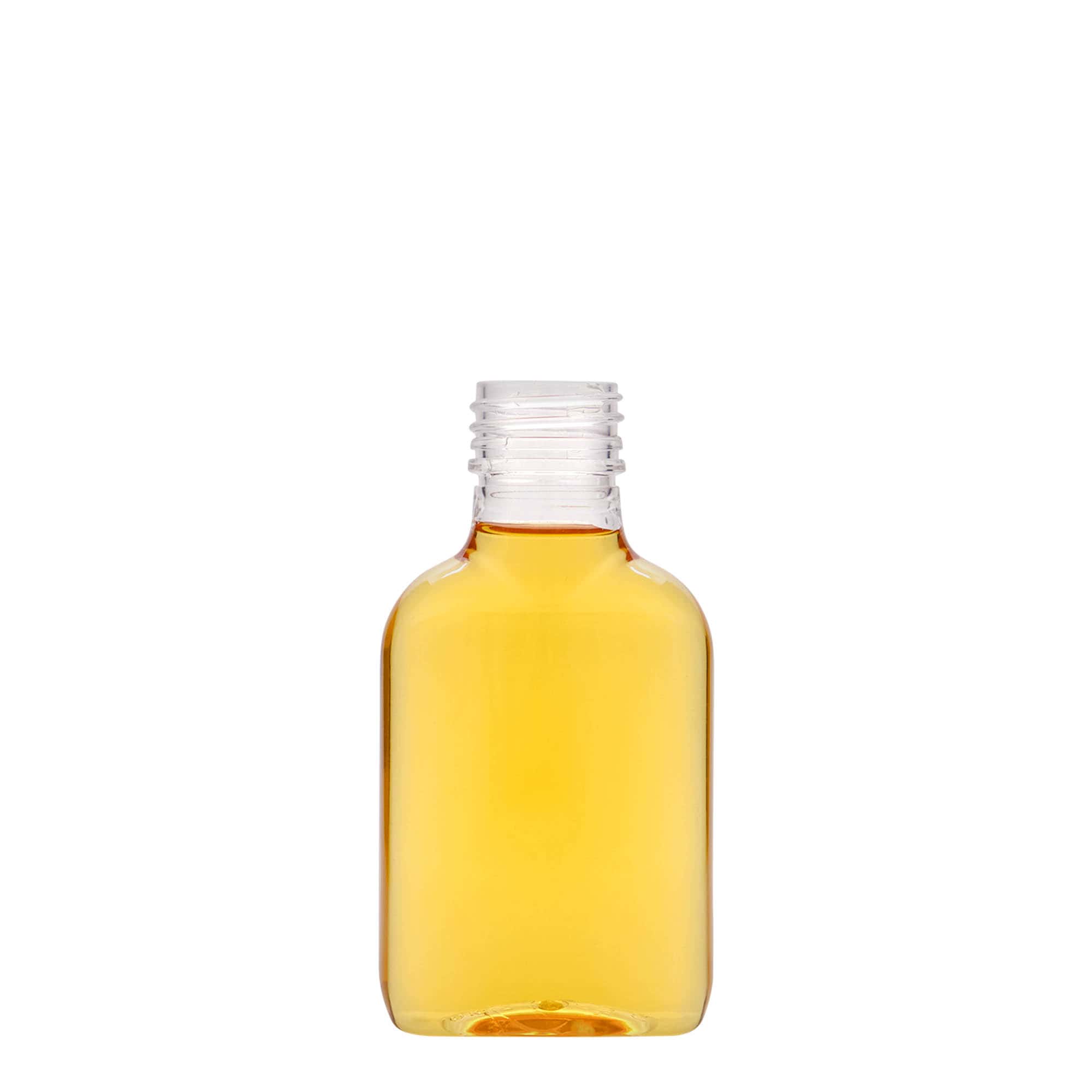 100 ml zsebflakon, ovális, PET műanyag, nyílás: PP 28