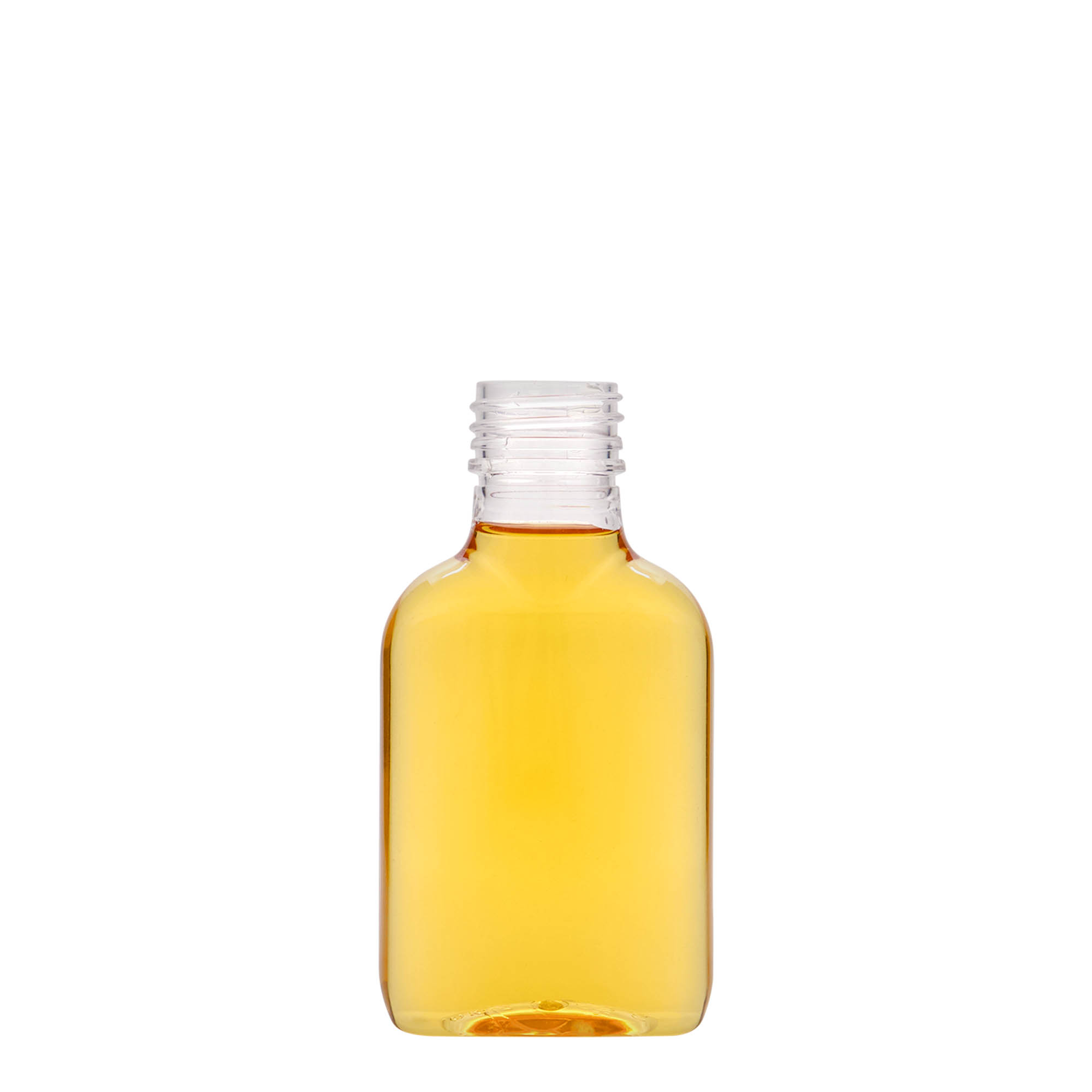 100 ml zsebflakon, ovális, PET műanyag, nyílás: PP 28