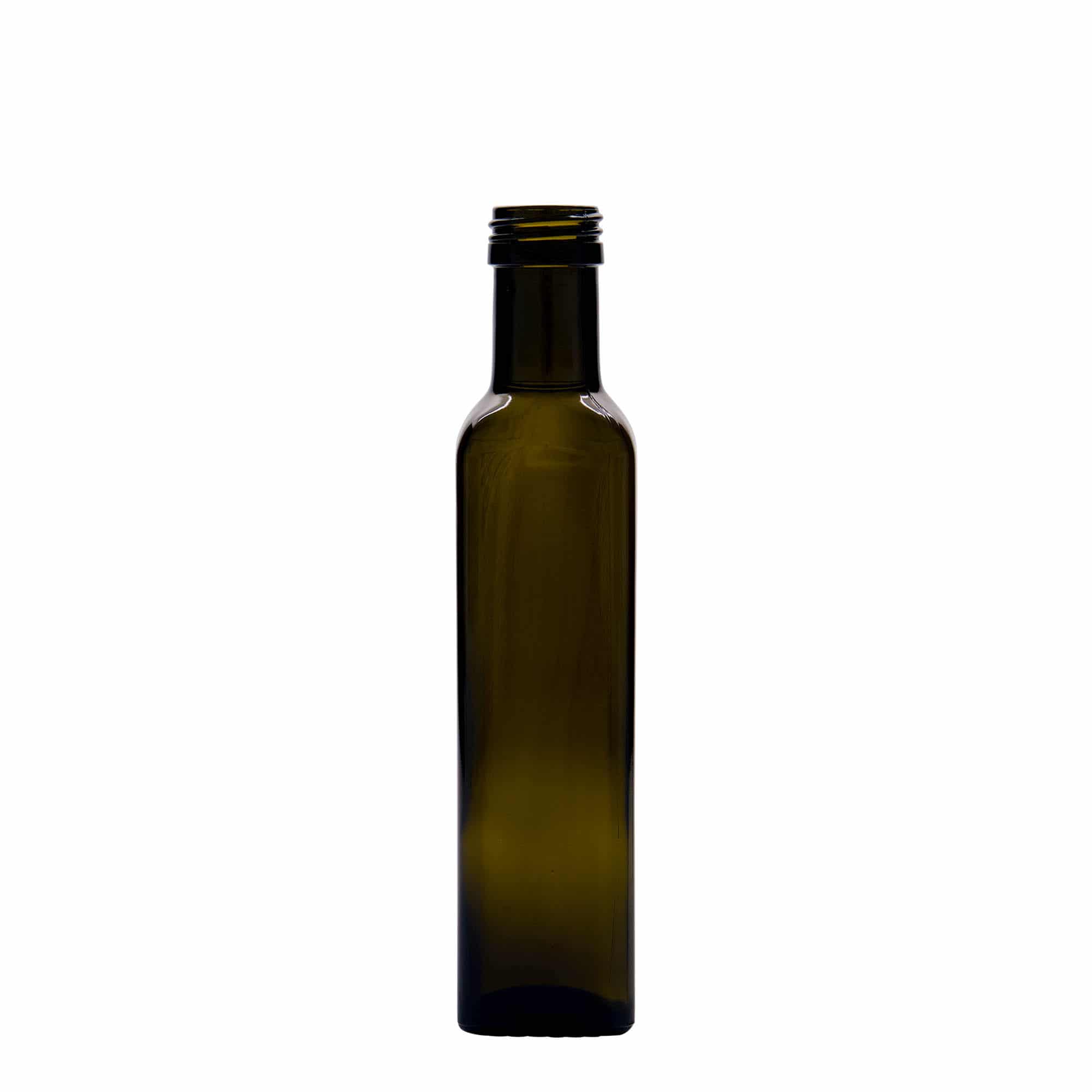 250 ml-es üvegpalack 'Marasca', négyzet alakú, antikzöld, szájnyílás: PP 31,5