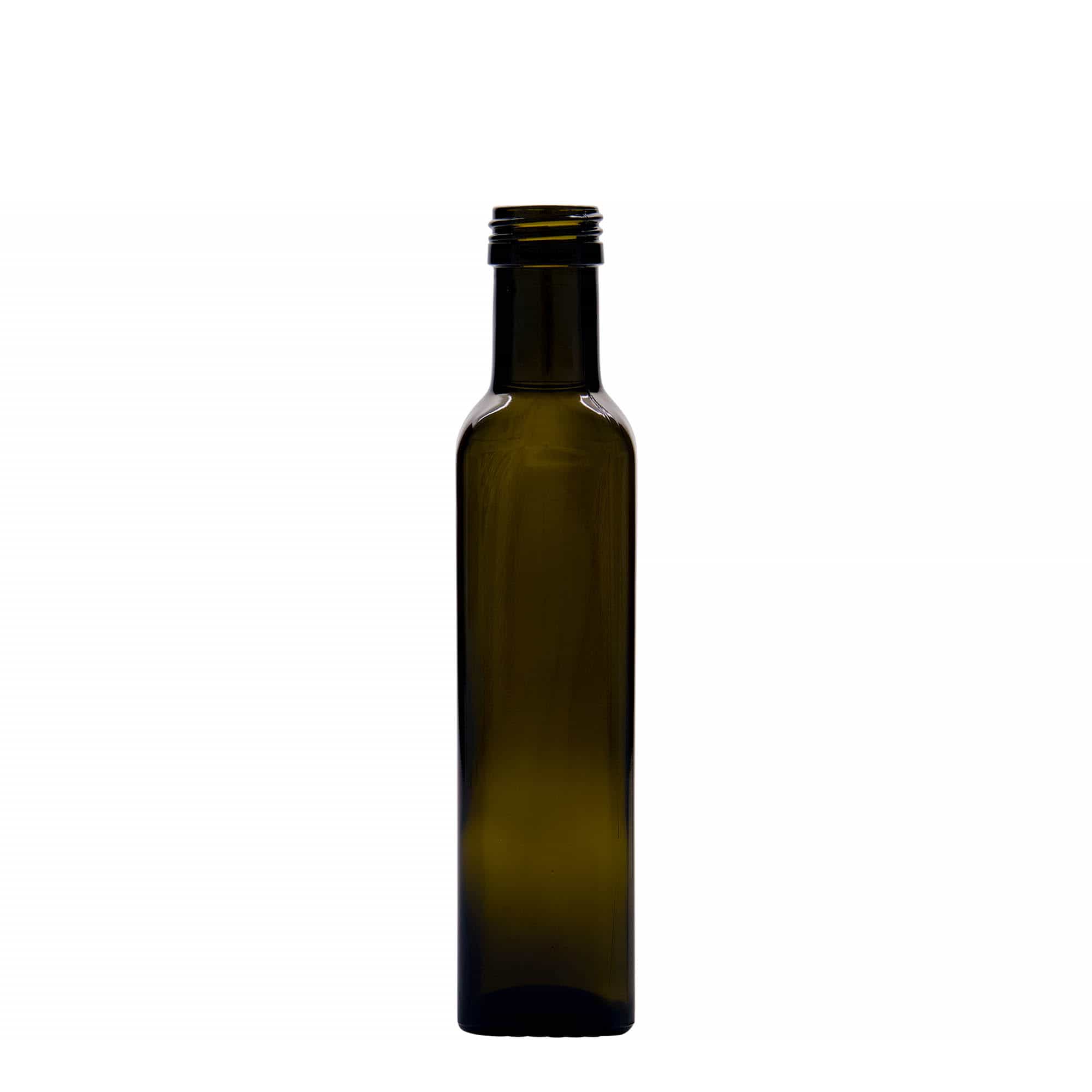 250 ml üvegpalack 'Marasca', négyzet alakú, antikzöld, nyílás: PP 31,5