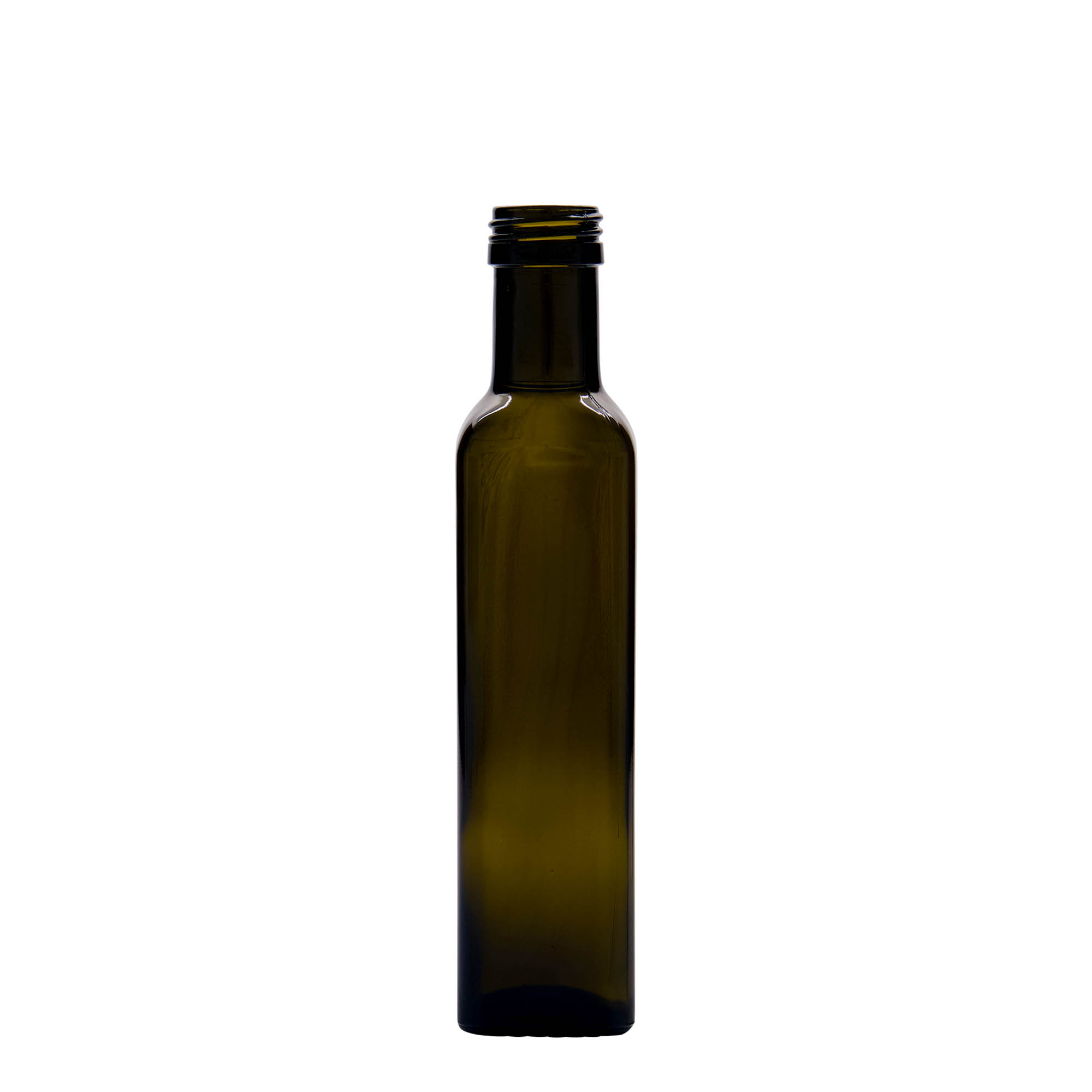 250 ml üvegpalack 'Marasca', négyzet alakú, antikzöld, nyílás: PP 31,5