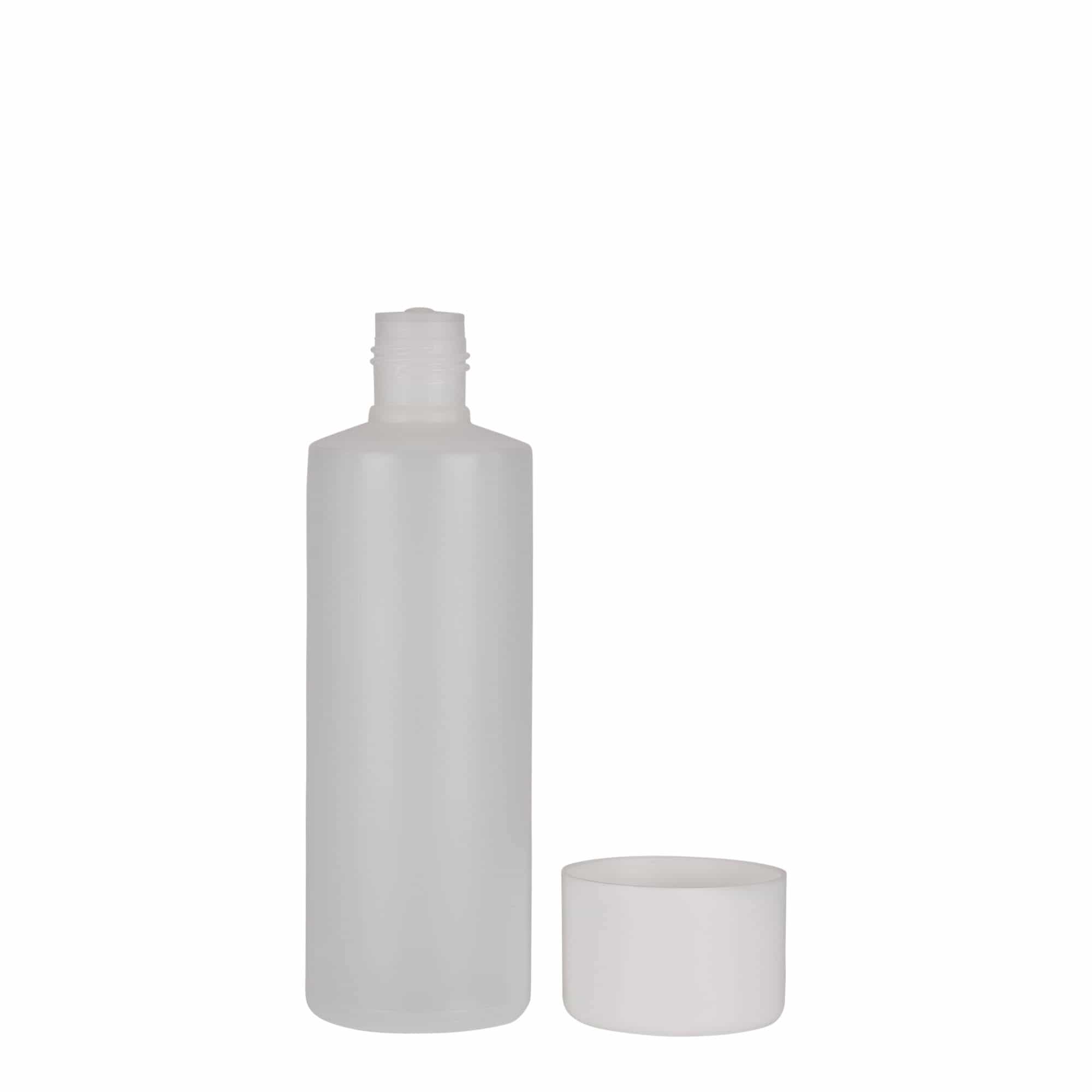200 ml-es kerek palack, PE-műanyag, natúr, szájnyílás: csavaros kupak