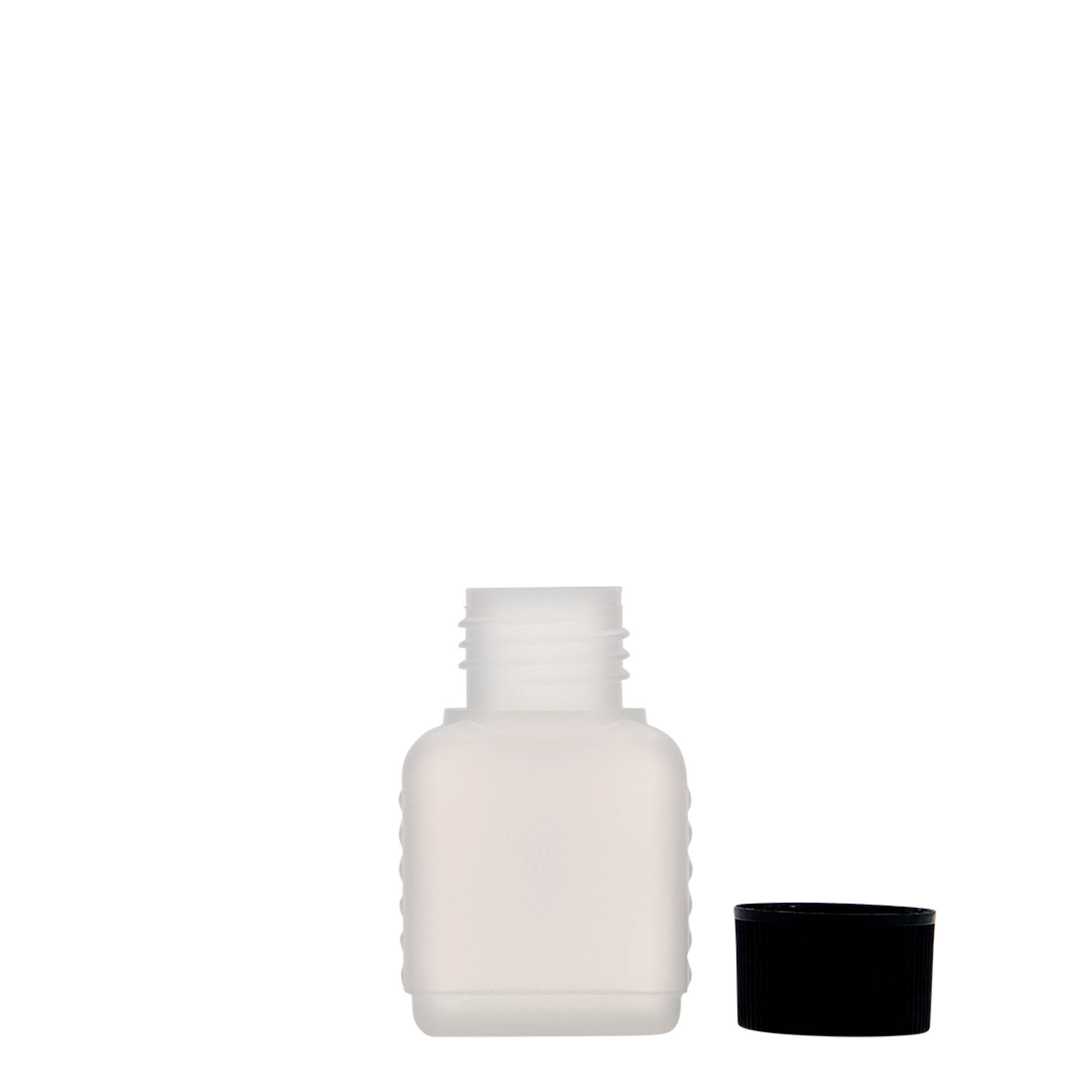 50 ml-es kaniszterpalack, négyszögletű, HDPE-műanyag, natúr, szájnyílás: DIN 25