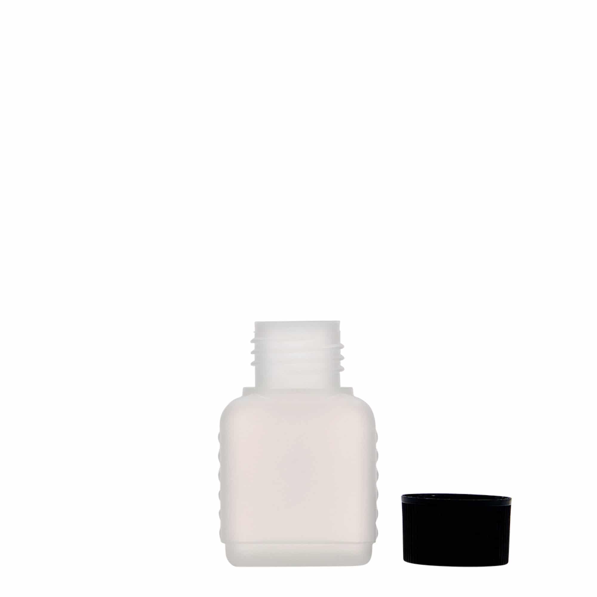 50 ml kannaüveg, téglalap alakú, HDPE műanyag, természetes színű, nyílás: DIN 25