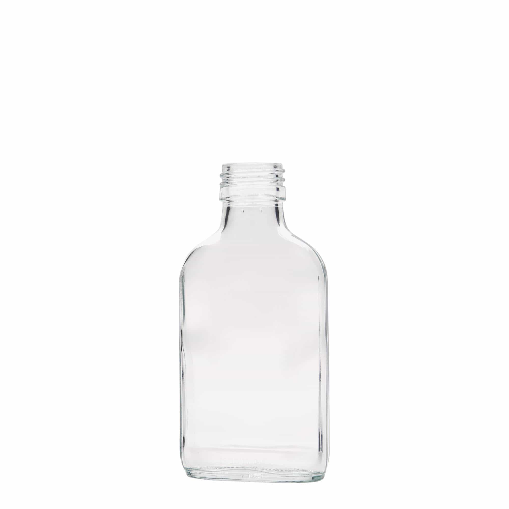100 ml zsebflakon, téglalap alakú, üveg, nyílás: PP 28