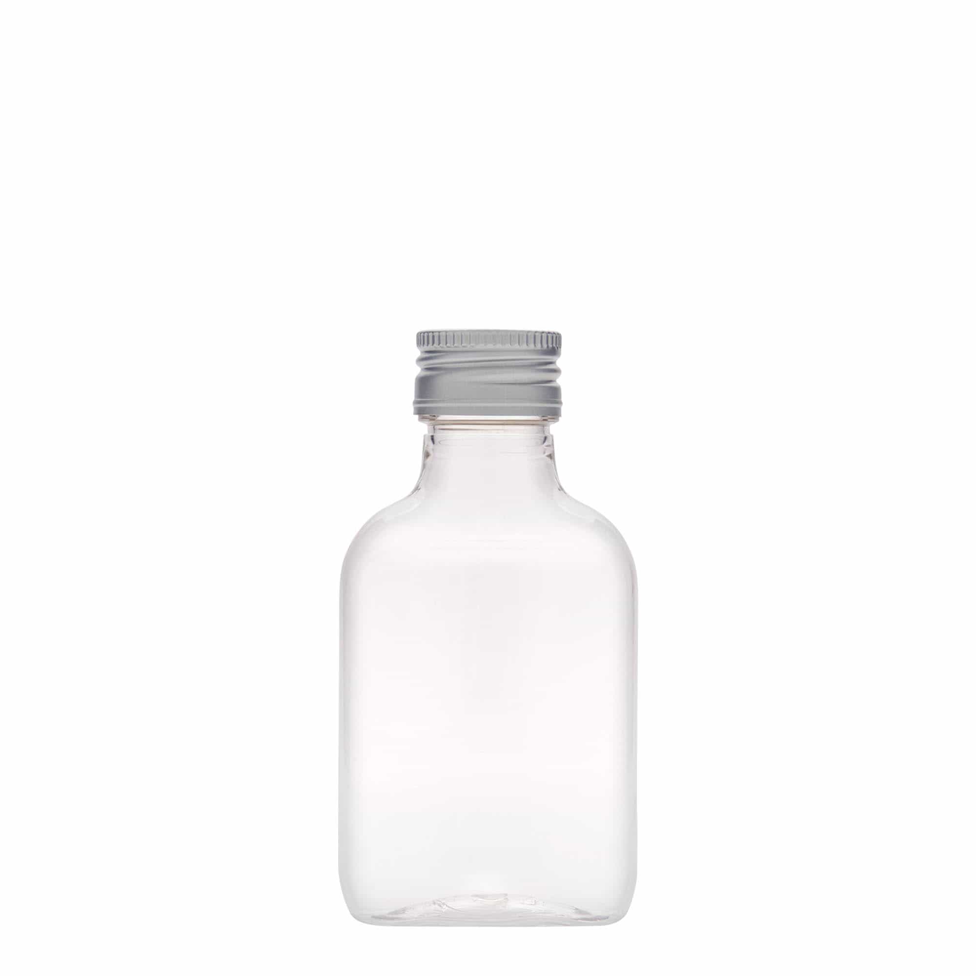 100 ml zsebflakon, ovális, PET műanyag, nyílás: PP 28