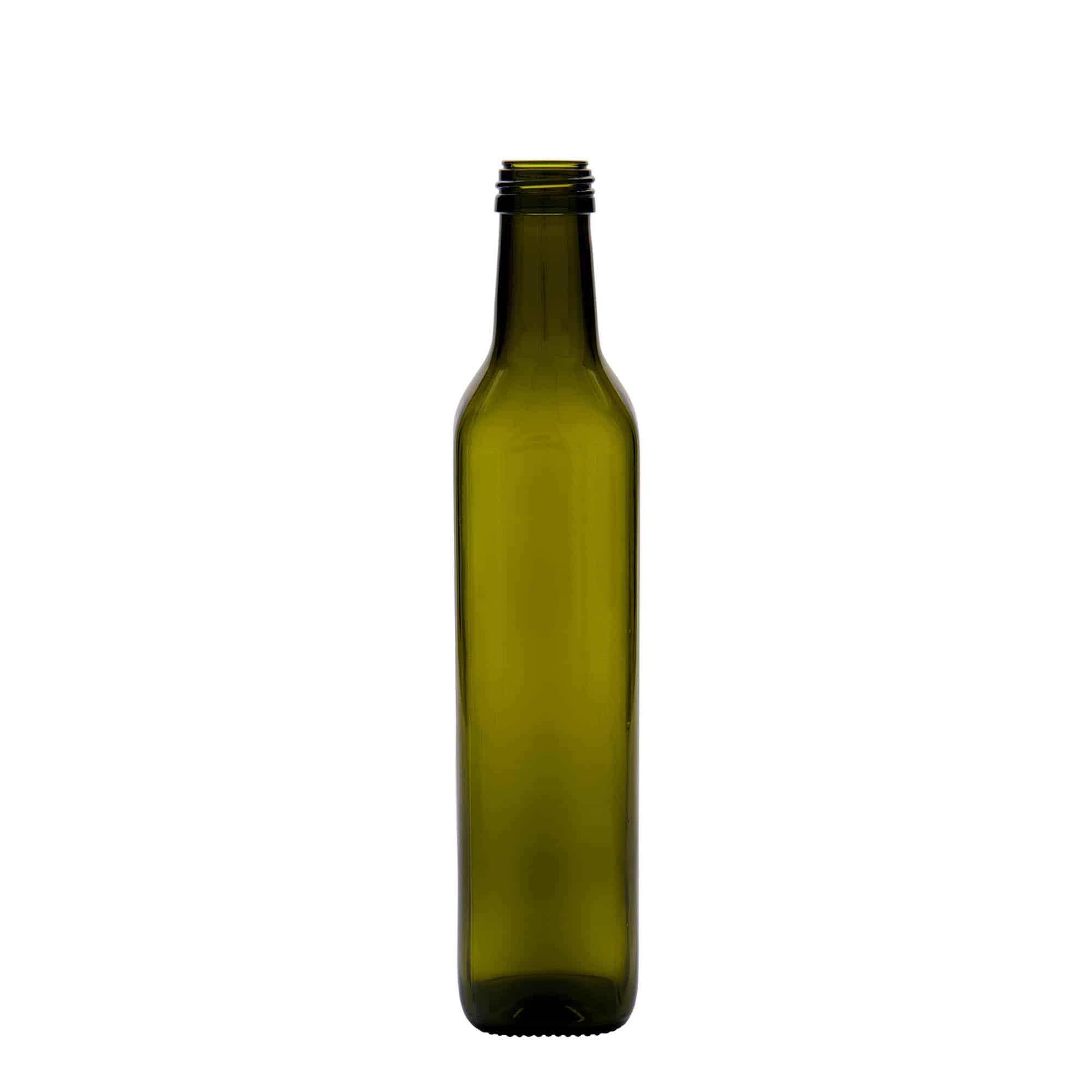 500 ml üvegpalack 'Marasca', négyzet alakú, antikzöld, nyílás: PP 31,5