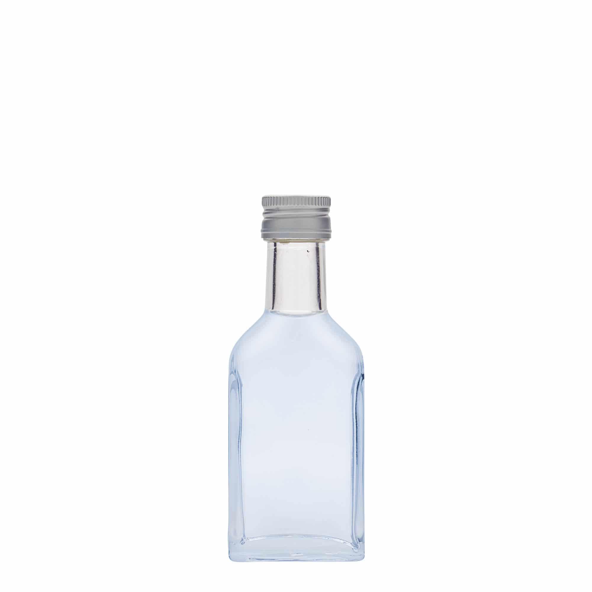 40 ml-es laposüveg hosszú nyakú, négyszögletű, üveg, szájnyílás: PP 22