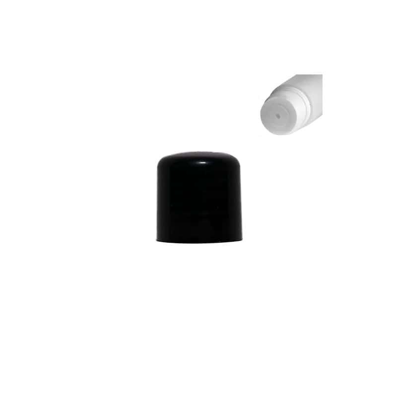Csavaros kupak szóróbetéttel, PP-műanyag, fekete, a következő szájnyíláshoz: GPI 24/410
