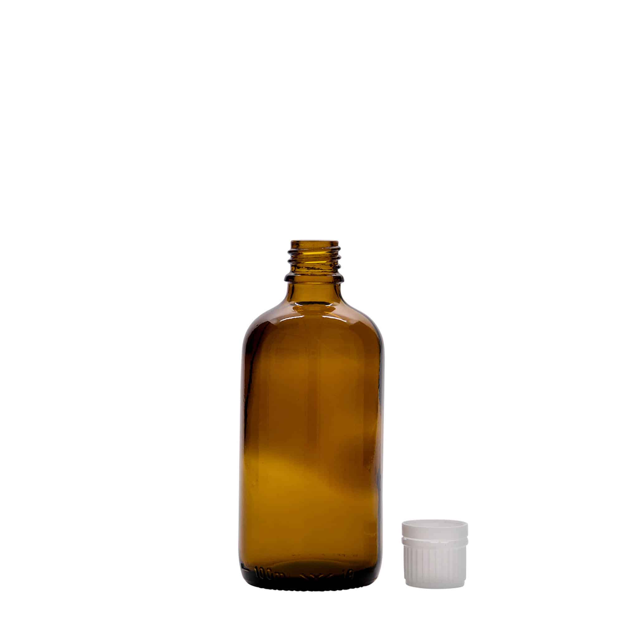 100 ml-es patikai üveg, üveg, barna, szájnyílás: DIN 18