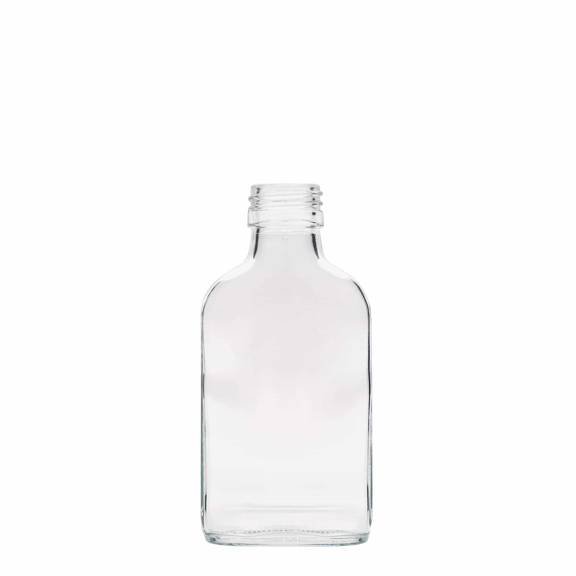 100 ml-es laposüveg, négyszögletű, üveg, szájnyílás: PP 28 100 ml-es laposüveg, négyszögletű, üveg, szájnyílás: PP 28