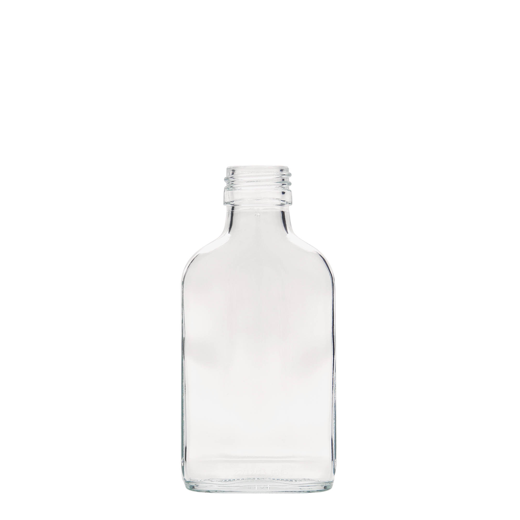 100 ml zsebflakon, téglalap alakú, üveg, nyílás: PP 28