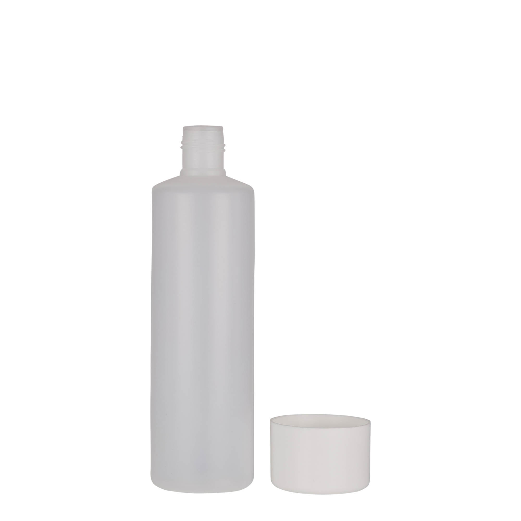 250 ml kerek palack, PE-műanyag, természetes, nyílás: csavarzár 250 ml kerek palack, PE-műanyag, természetes, nyílás: csavarzár