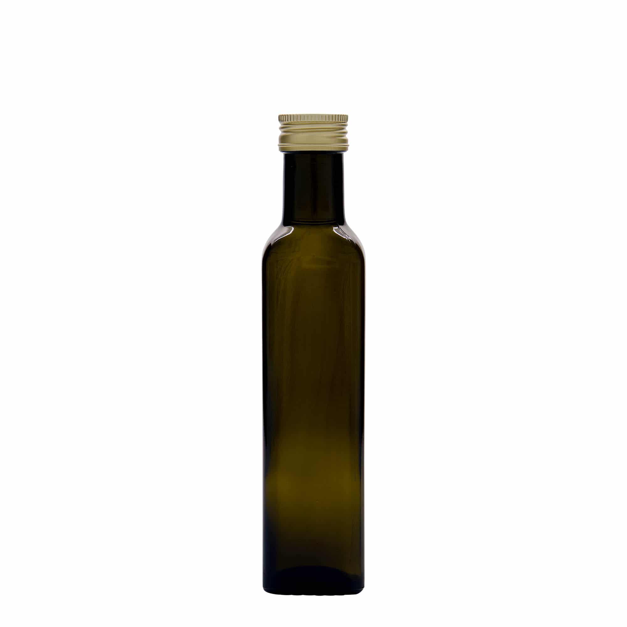 250 ml-es üvegpalack 'Marasca', négyzet alakú, antikzöld, szájnyílás: PP 31,5