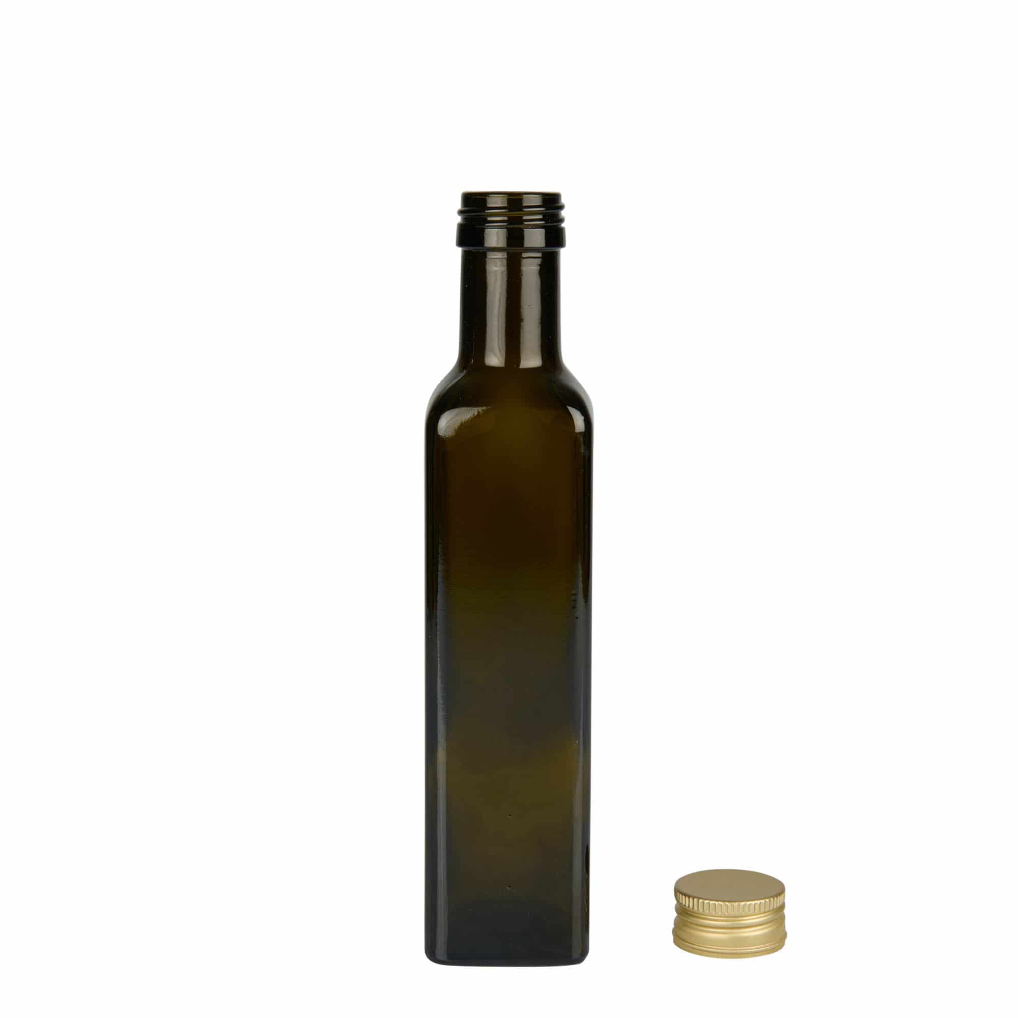 250 ml üvegpalack 'Marasca', négyzet alakú, antikzöld, nyílás: PP 31,5