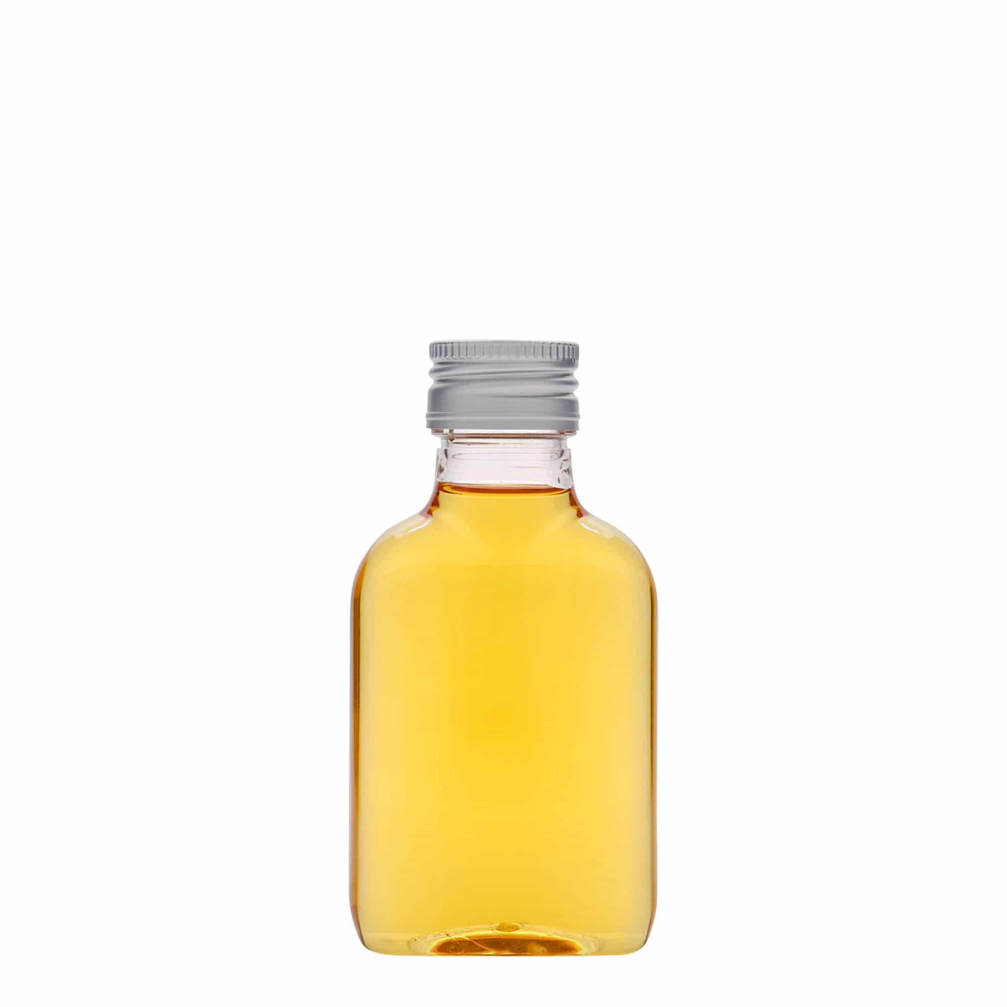 100 ml-es laposüveg, ovális, PET-műanyag, szájnyílás: PP 28