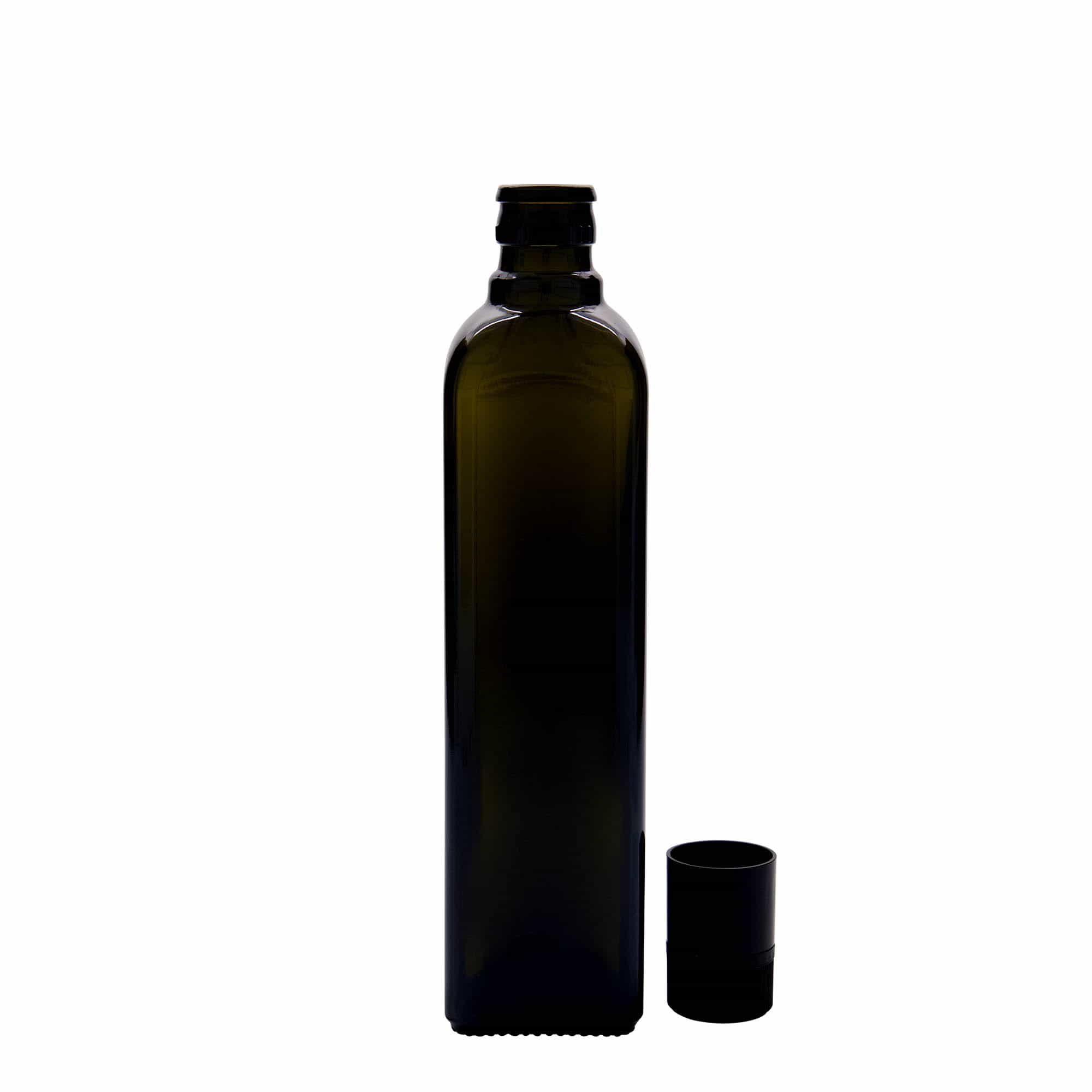 500 ml-es ecetes/olajos palack 'Quadra', üveg, négyzet alakú, antikzöld, szájnyílás: DOP