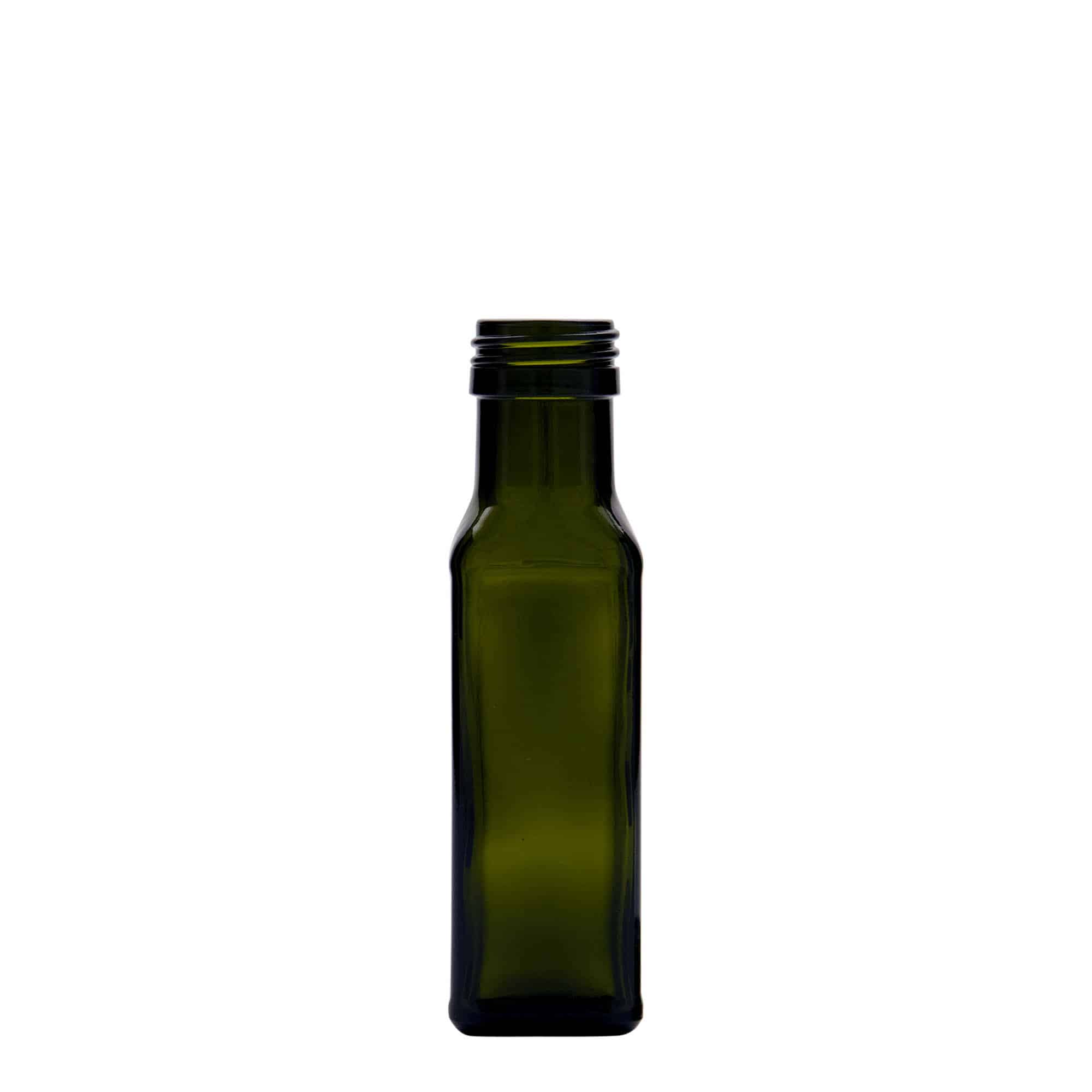 100 ml-es üvegpalack 'Marasca', négyzet alakú, antikzöld, szájnyílás: PP 31,5